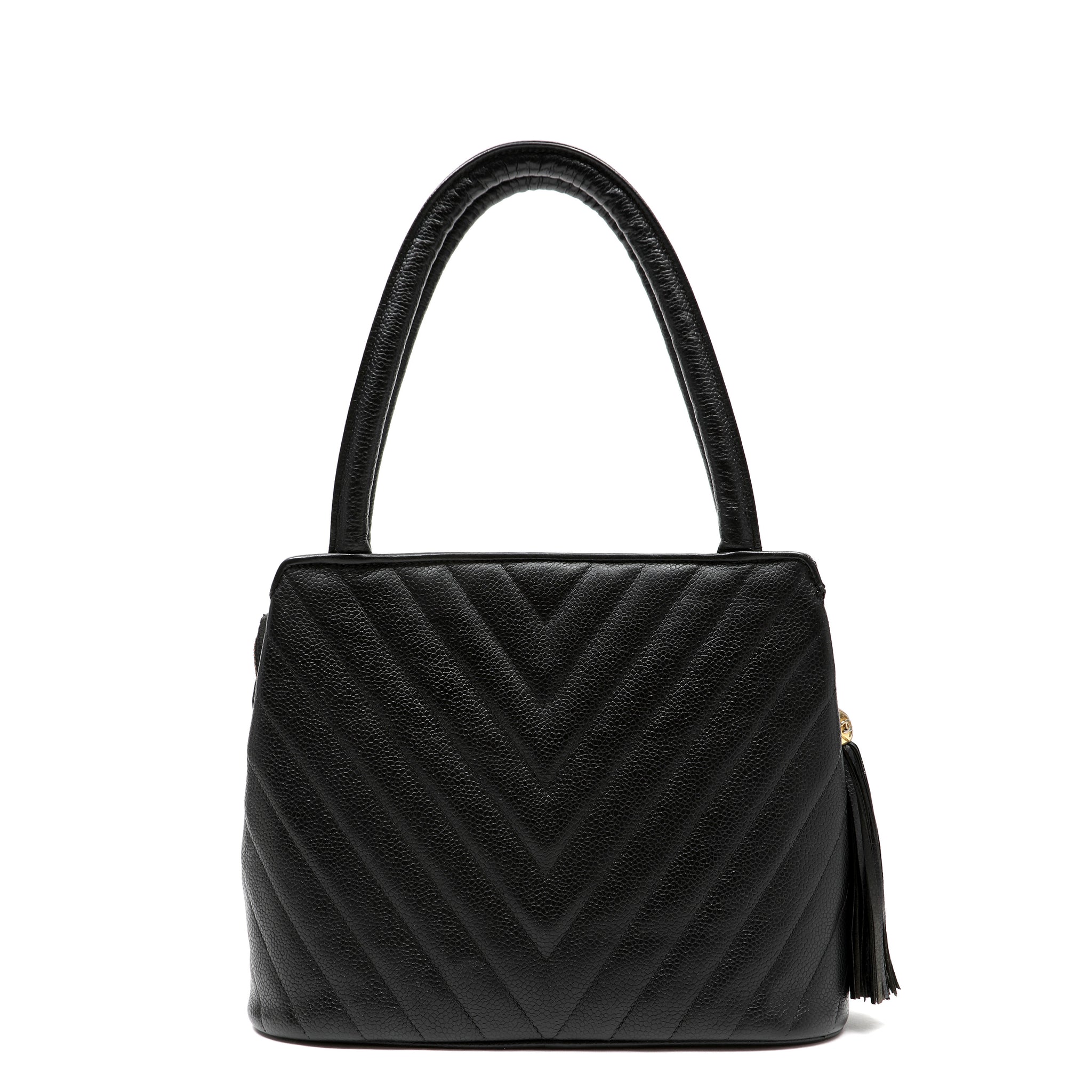 Chanel 1992 Top-Handle CC V-stitch Black Caviar w/Gold Hardware Tassel