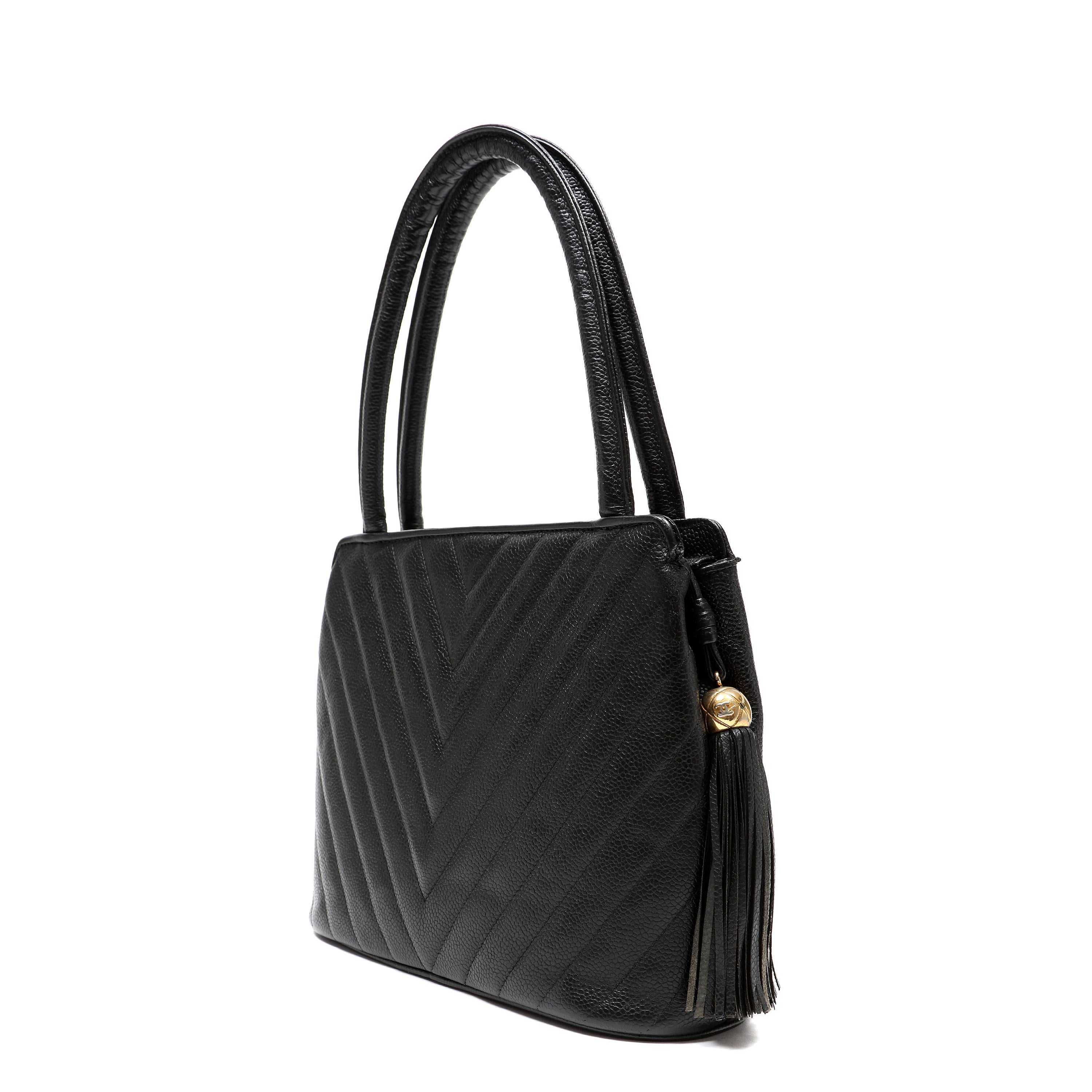 Chanel 1992 Top-Handle CC V-stitch Black Caviar w/Gold Hardware Tassel