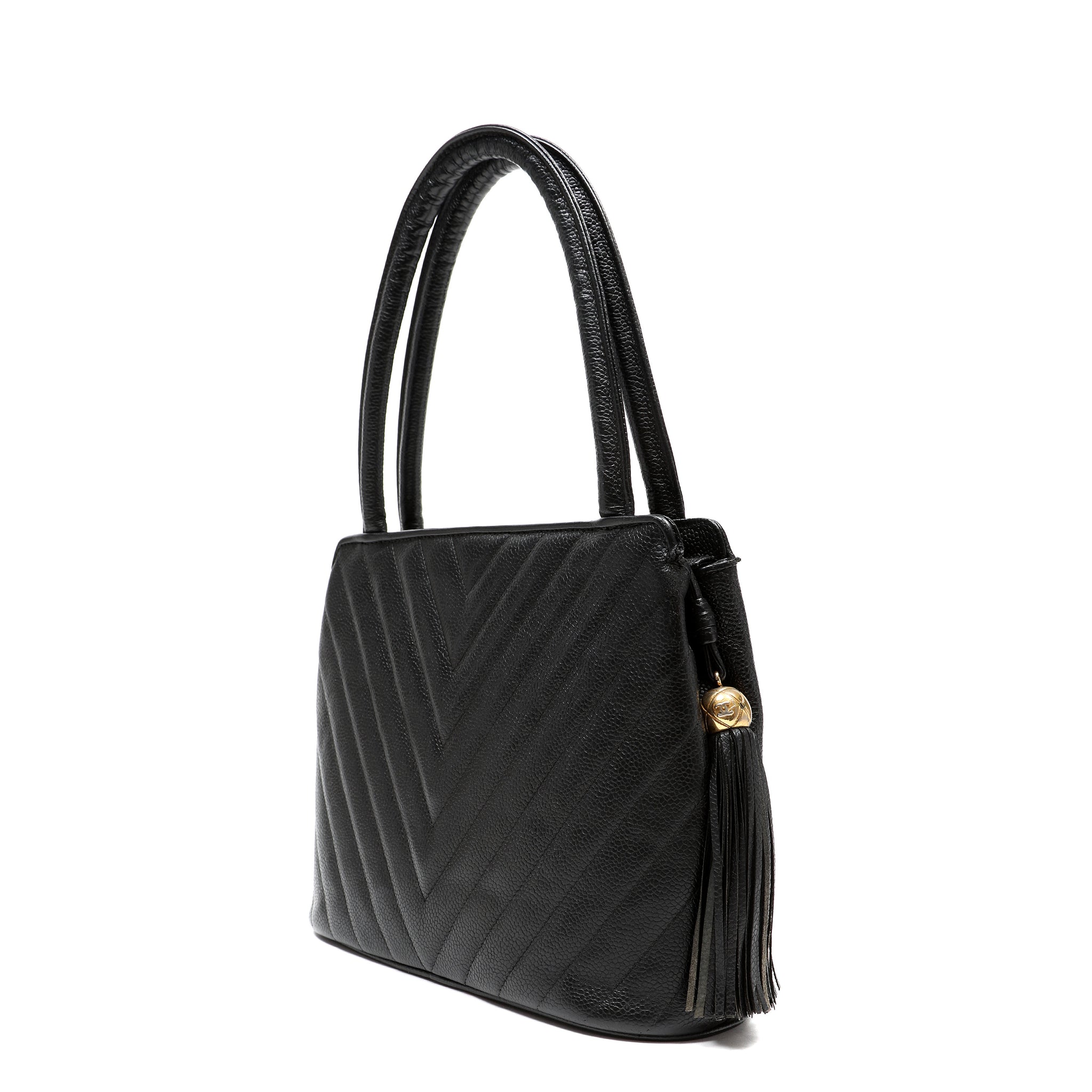 Chanel 1992 Top-Handle CC V-stitch Black Caviar w/Gold Hardware Tassel