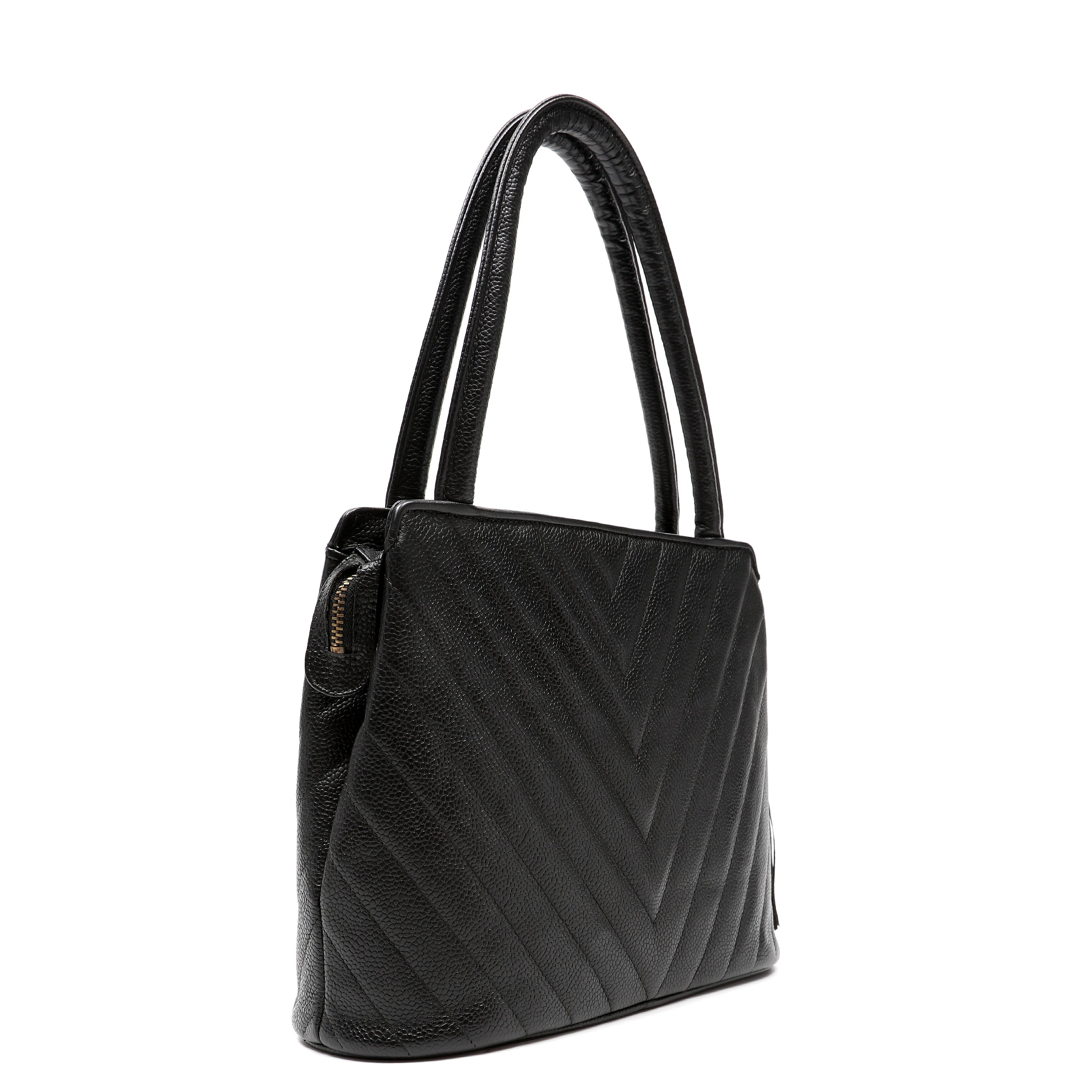 Chanel 1992 Top-Handle CC V-stitch Black Caviar w/Gold Hardware Tassel