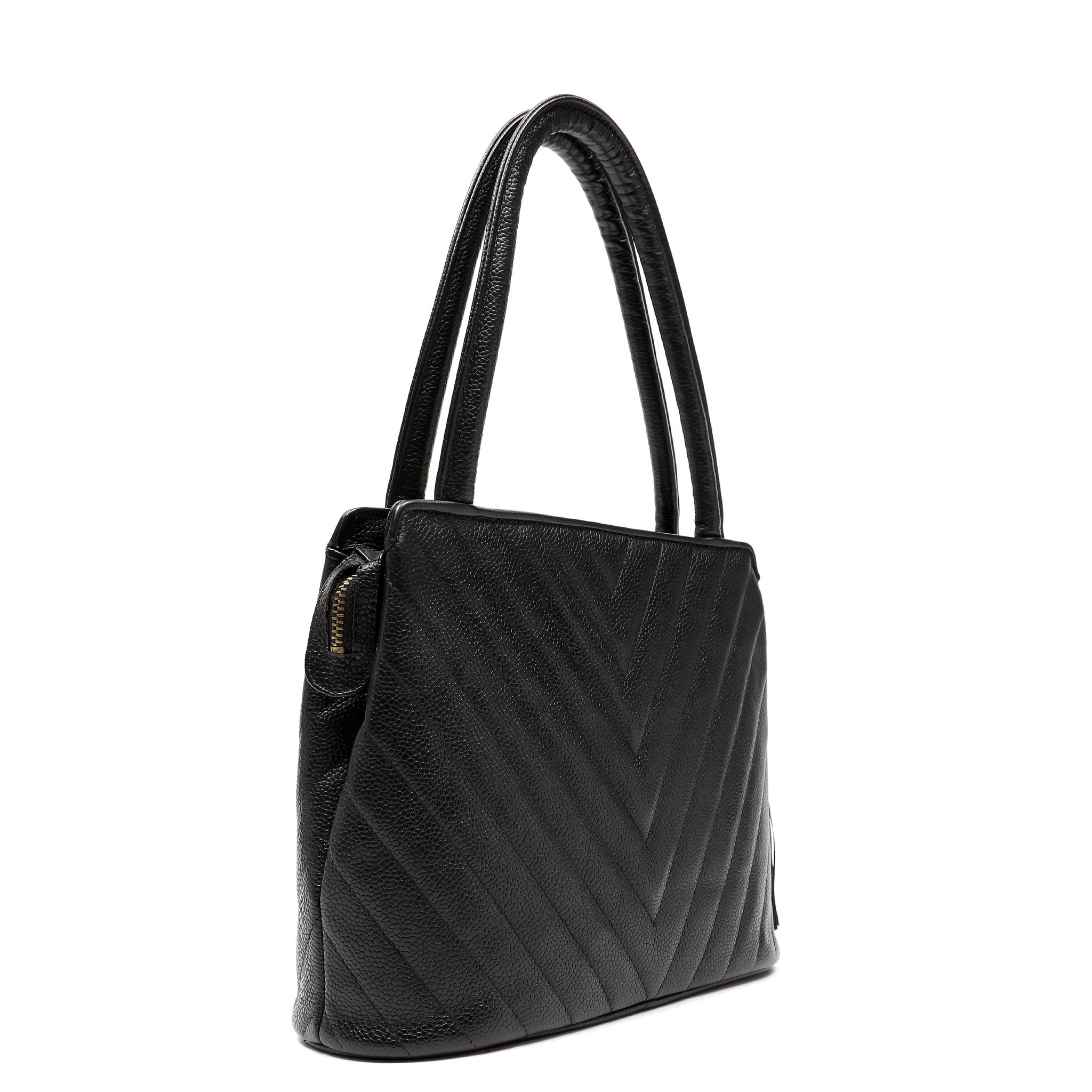 Chanel 1992 Top-Handle CC V-stitch Black Caviar w/Gold Hardware Tassel