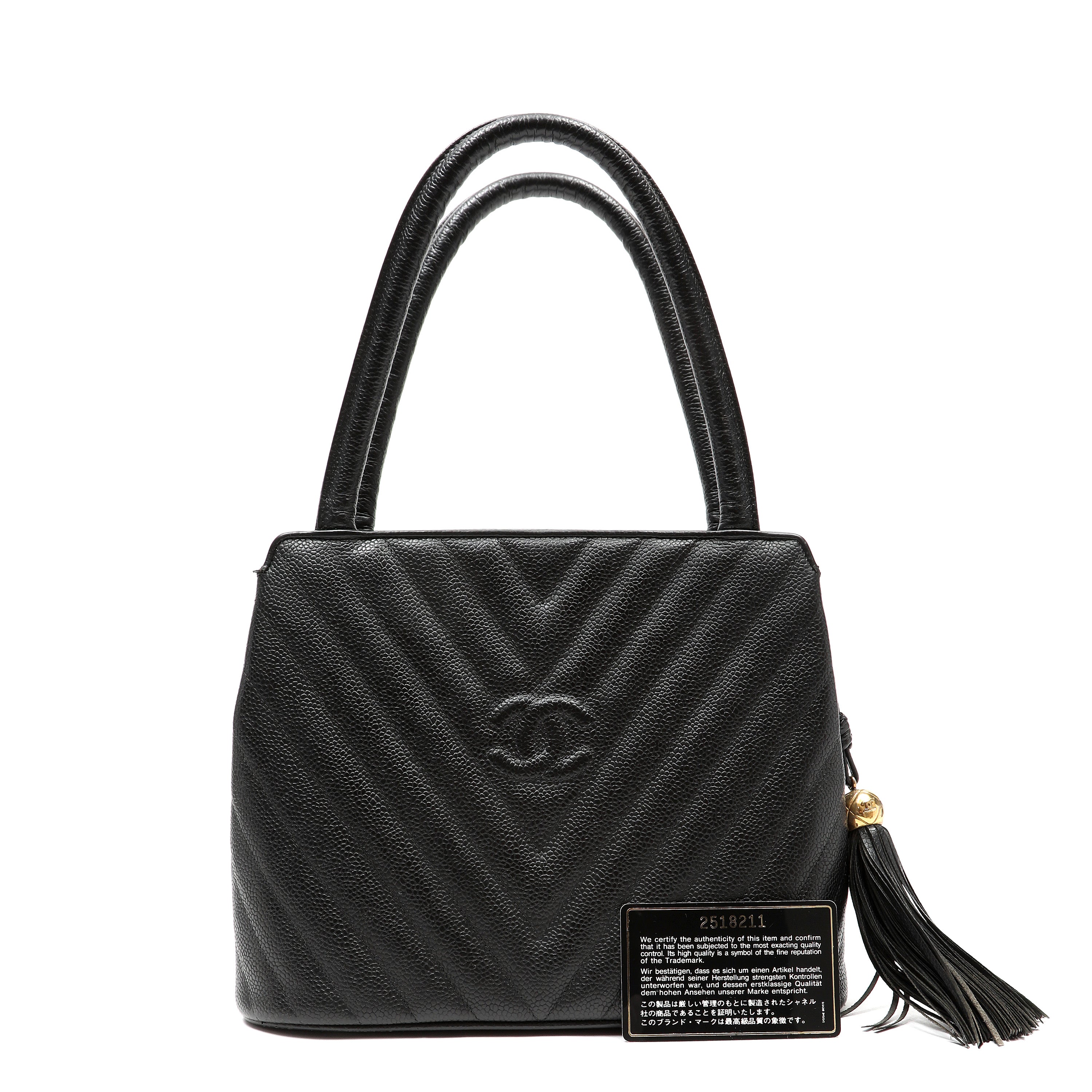 Chanel 1992 Top-Handle CC V-stitch Black Caviar w/Gold Hardware Tassel