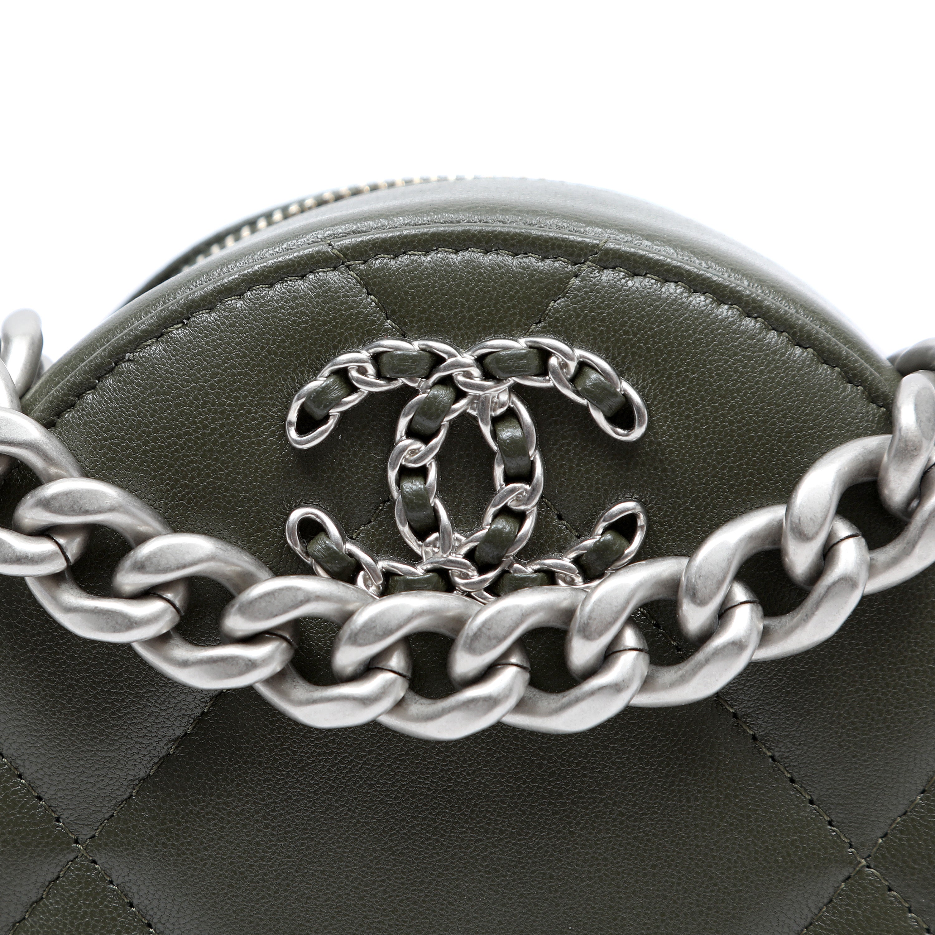 Chanel 19 Round Clutch Olive Green Quilted Lambskin Leather w/Gold and Silver Hardware