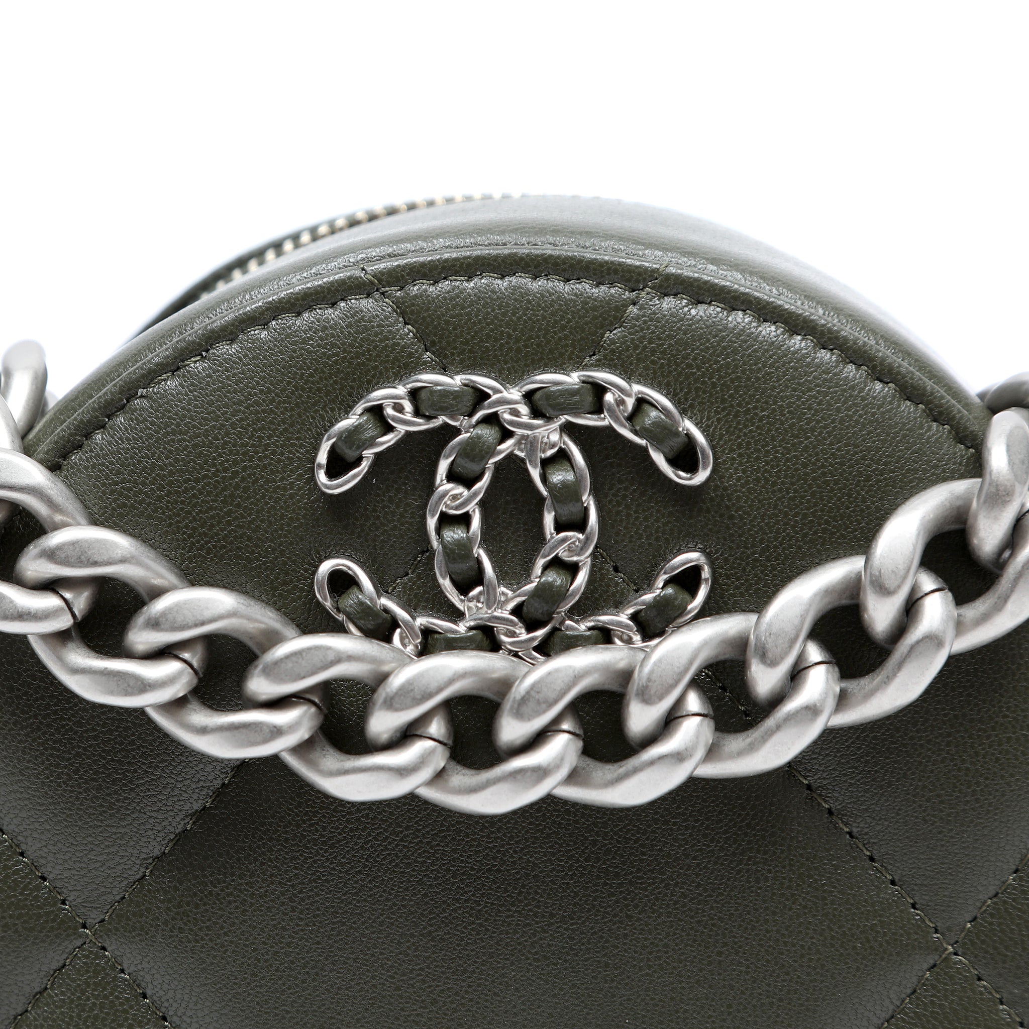Chanel 19 Round Clutch Olive Green Quilted Lambskin Leather w/Gold and Silver Hardware
