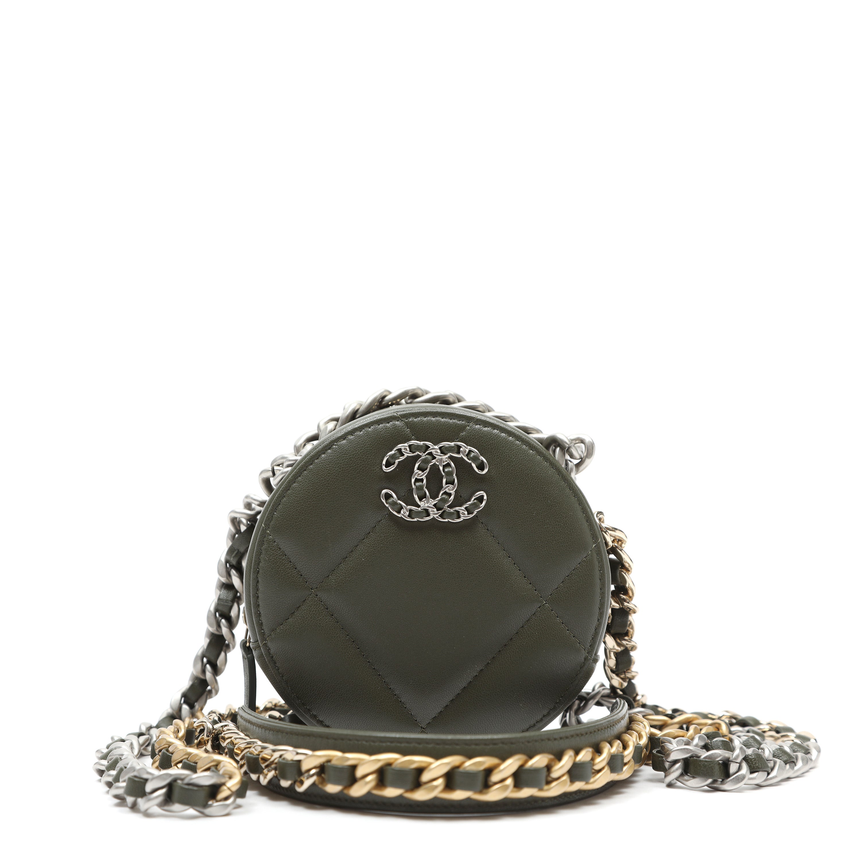 Chanel 19 Round Clutch Olive Green Quilted Lambskin Leather w/Gold and Silver Hardware