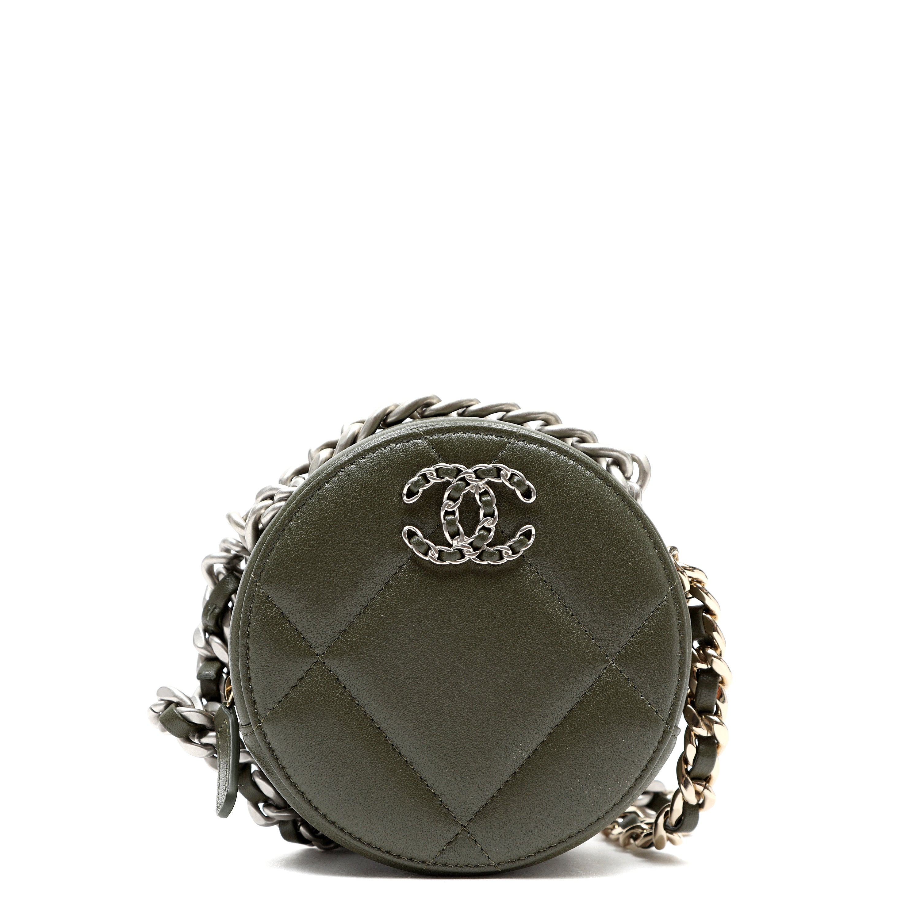 Chanel 19 Round Clutch Olive Green Quilted Lambskin Leather w/Gold and Silver Hardware