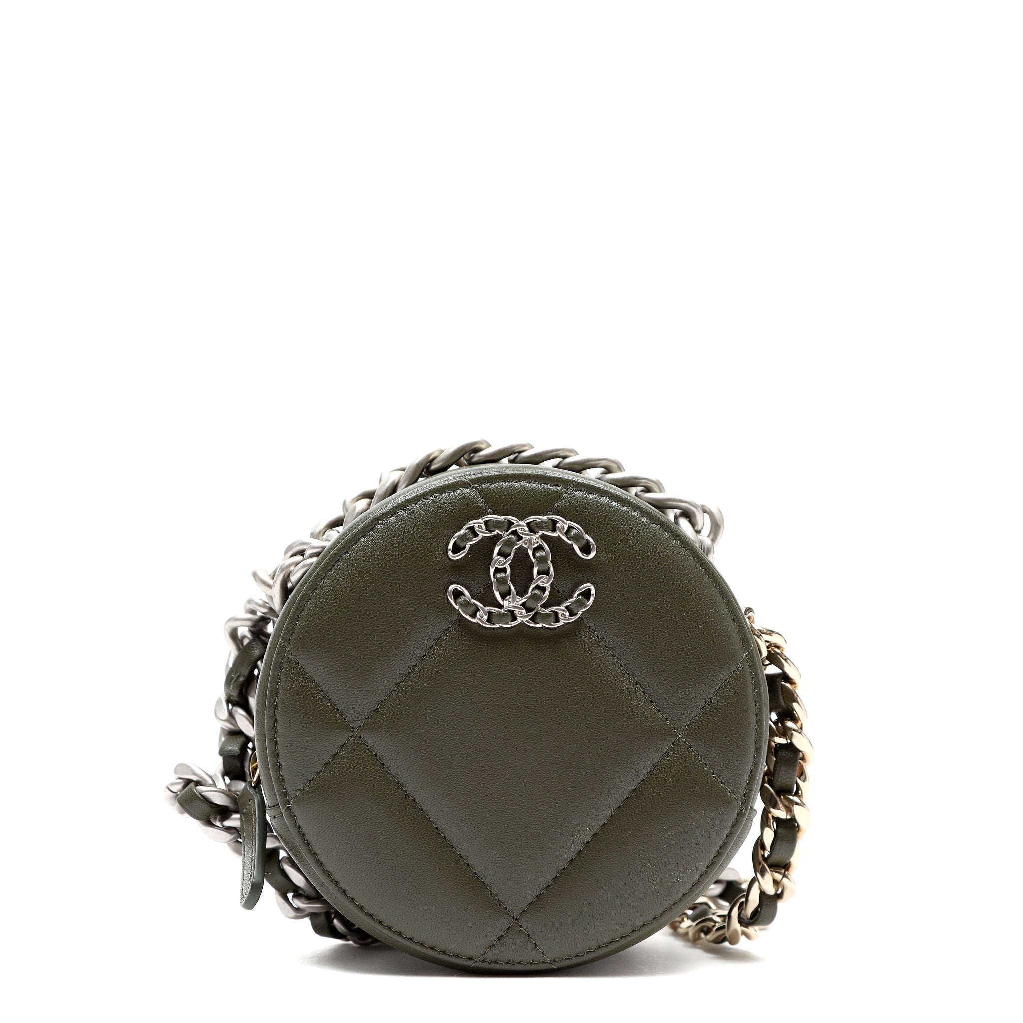 Chanel 19 Round Clutch Olive Green Quilted Lambskin Leather w/Gold and Silver Hardware