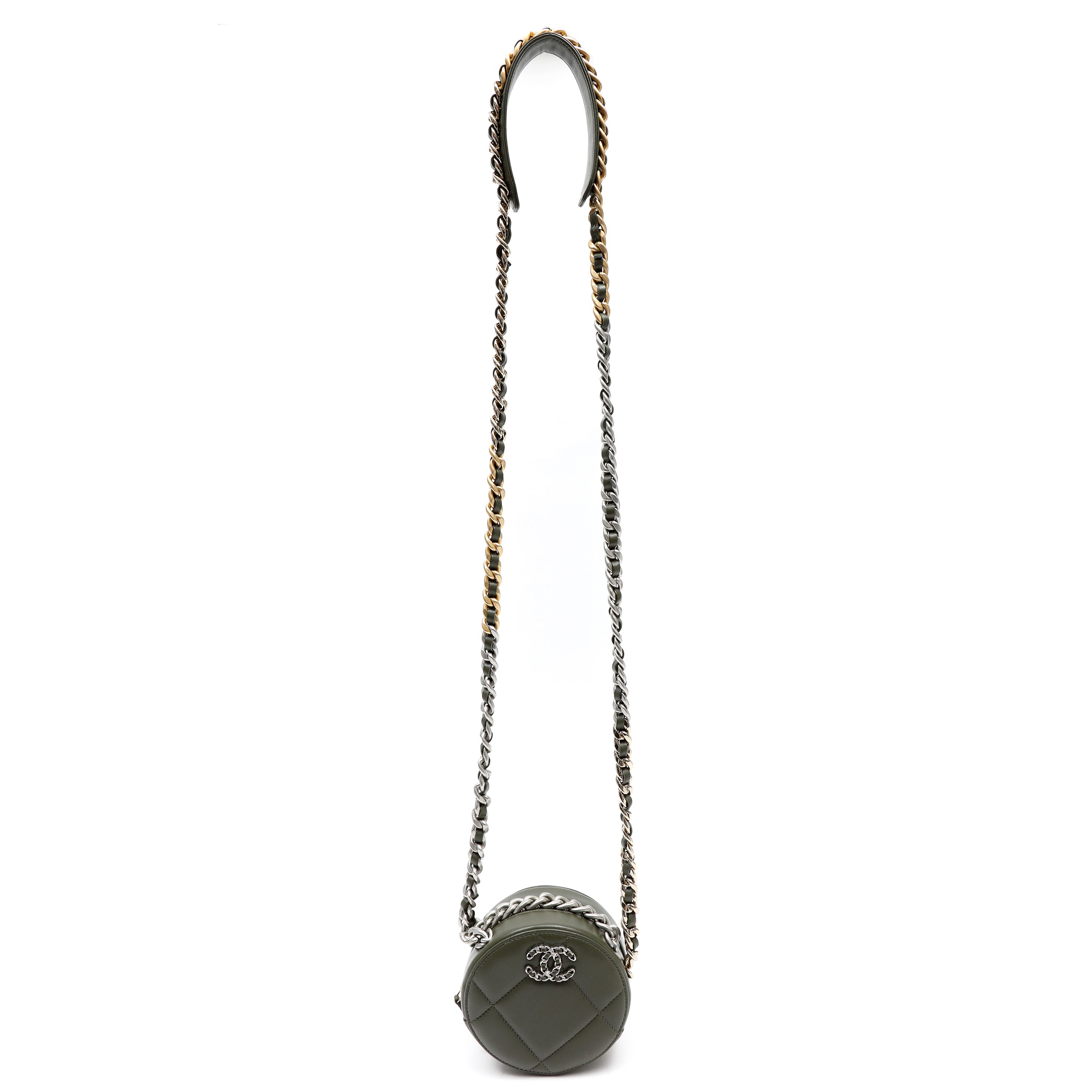 Chanel 19 Round Clutch Olive Green Quilted Lambskin Leather w/Gold and Silver Hardware