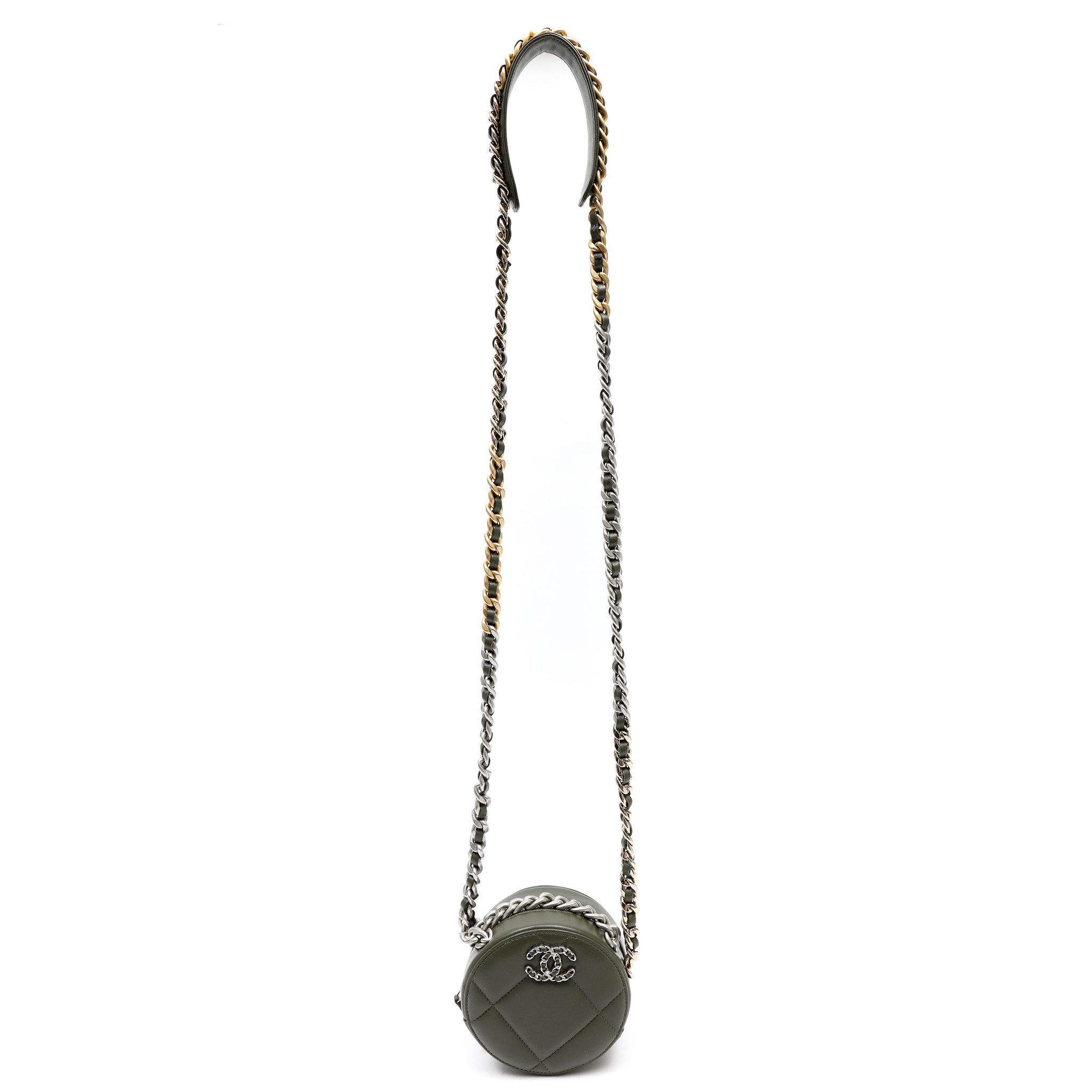 Chanel 19 Round Clutch Olive Green Quilted Lambskin Leather w/Gold and Silver Hardware