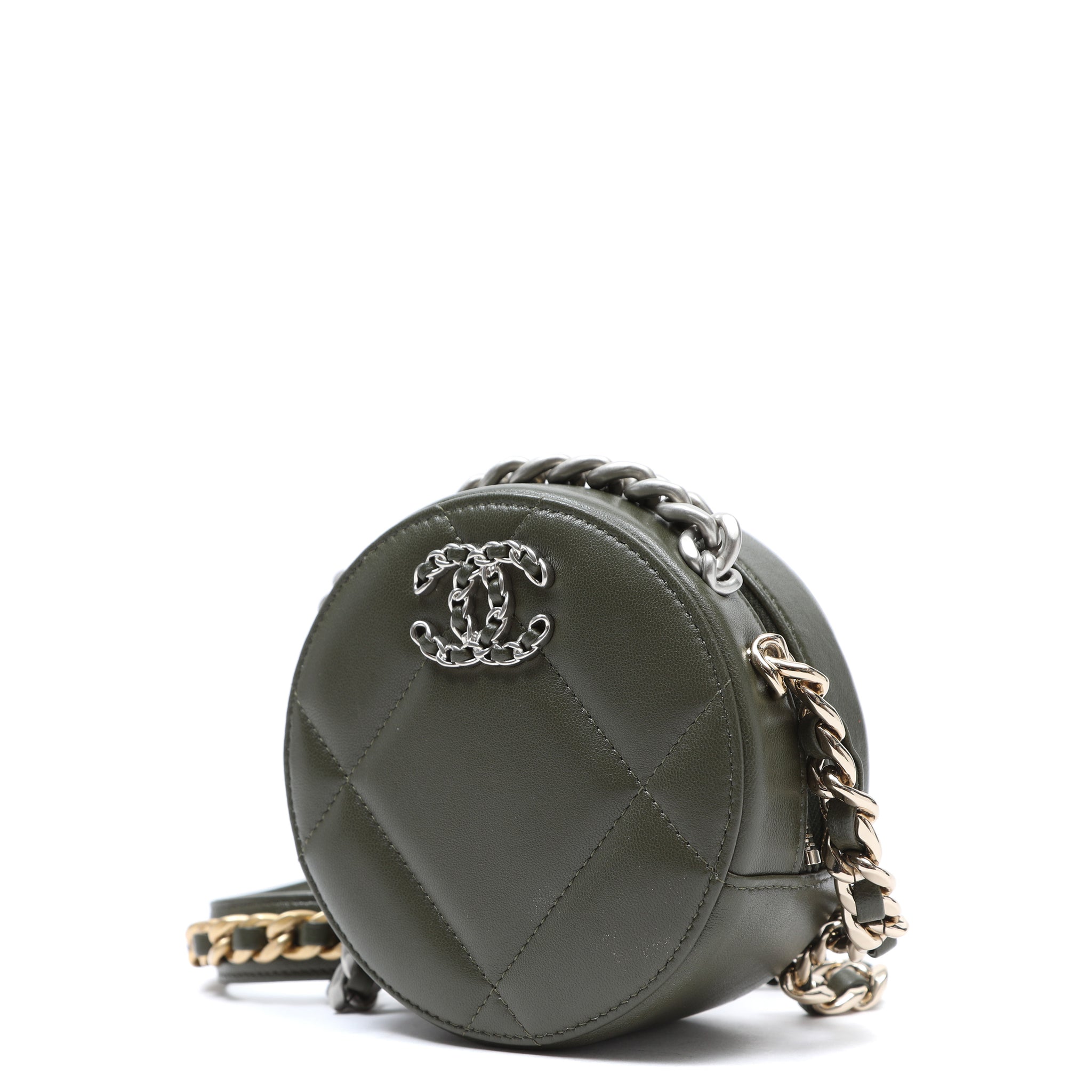 Chanel 19 Round Clutch Olive Green Quilted Lambskin Leather w/Gold and Silver Hardware