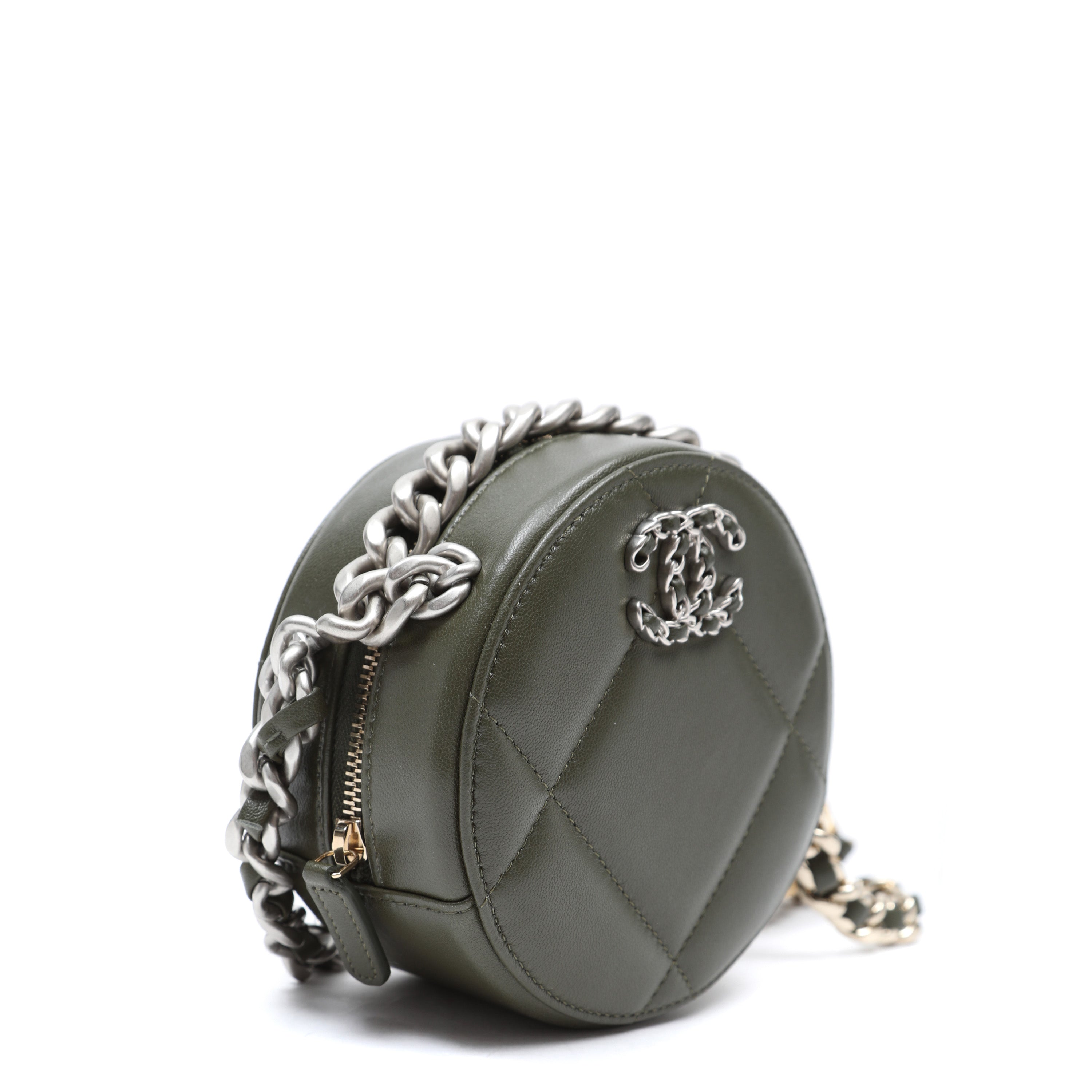 Chanel 19 Round Clutch Olive Green Quilted Lambskin Leather w/Gold and Silver Hardware