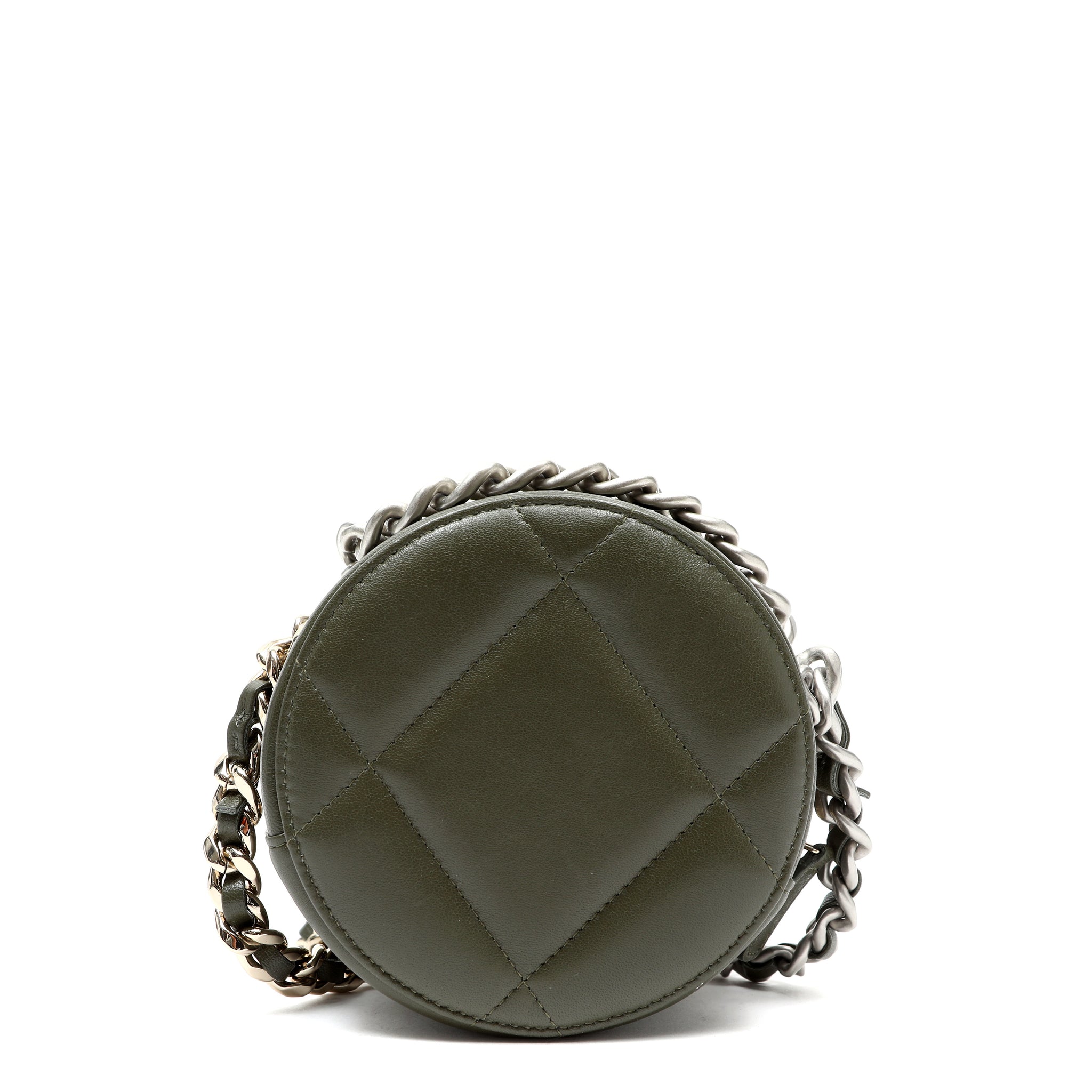 Chanel 19 Round Clutch Olive Green Quilted Lambskin Leather w/Gold and Silver Hardware