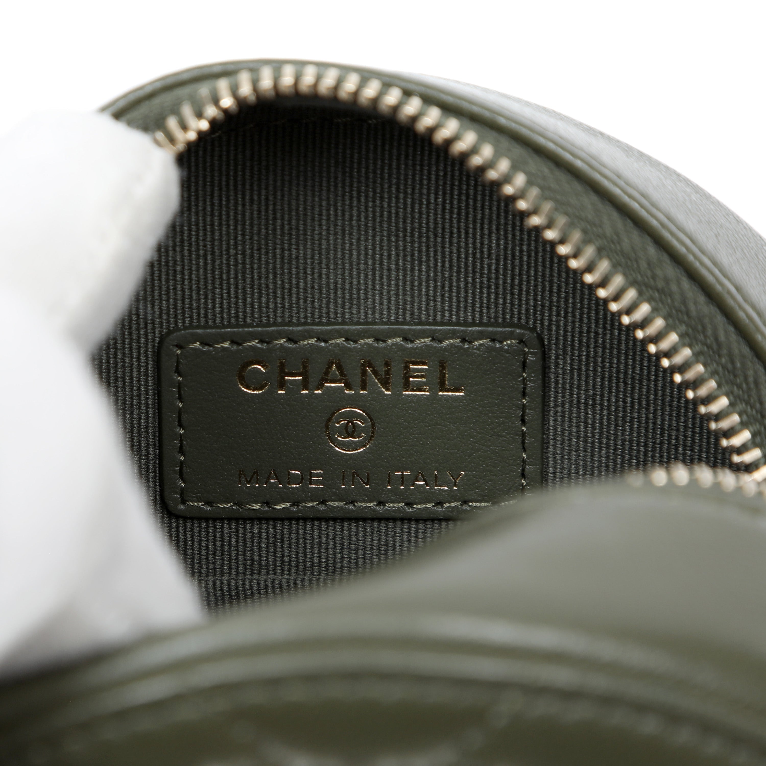 Chanel 19 Round Clutch Olive Green Quilted Lambskin Leather w/Gold and Silver Hardware