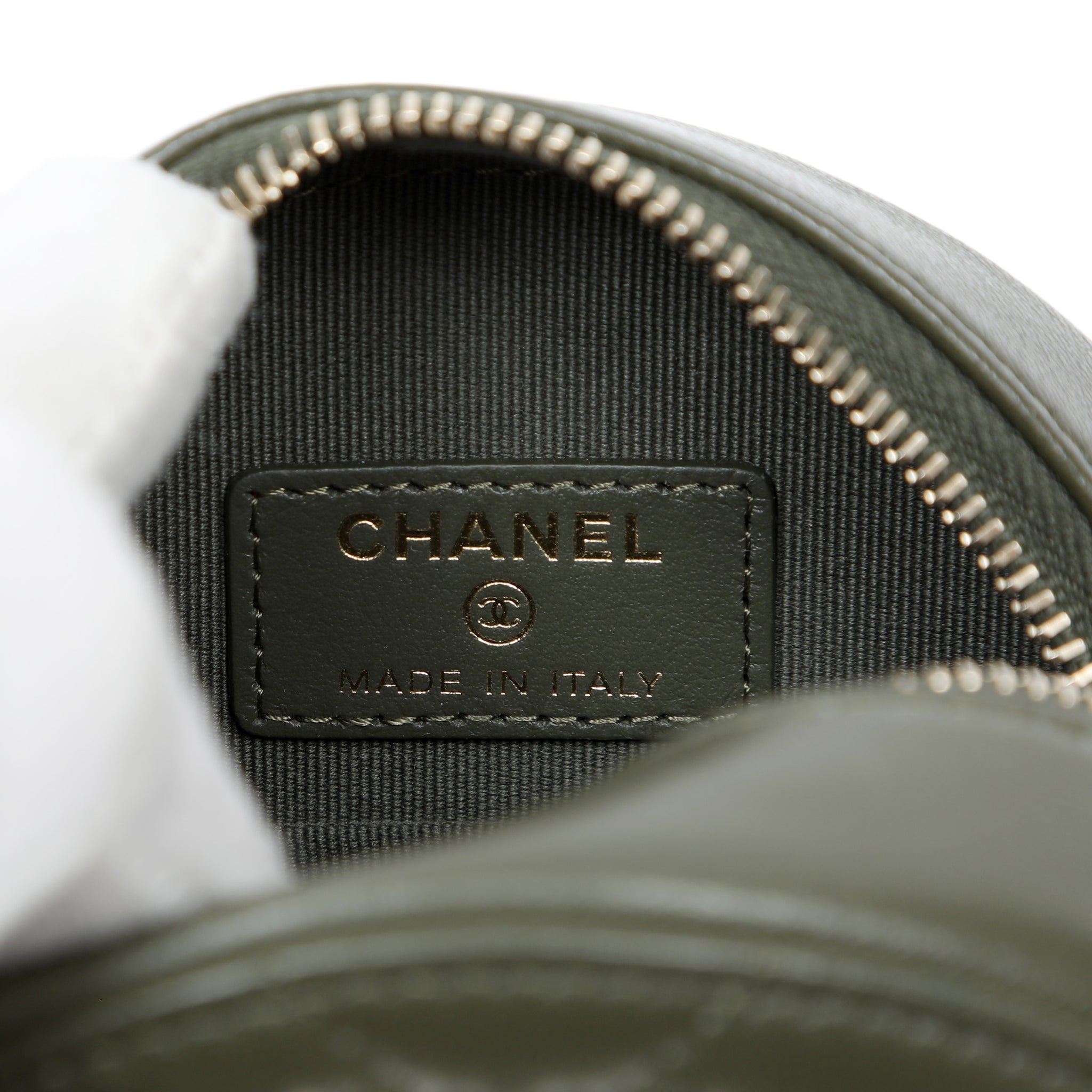 Chanel 19 Round Clutch Olive Green Quilted Lambskin Leather w/Gold and Silver Hardware