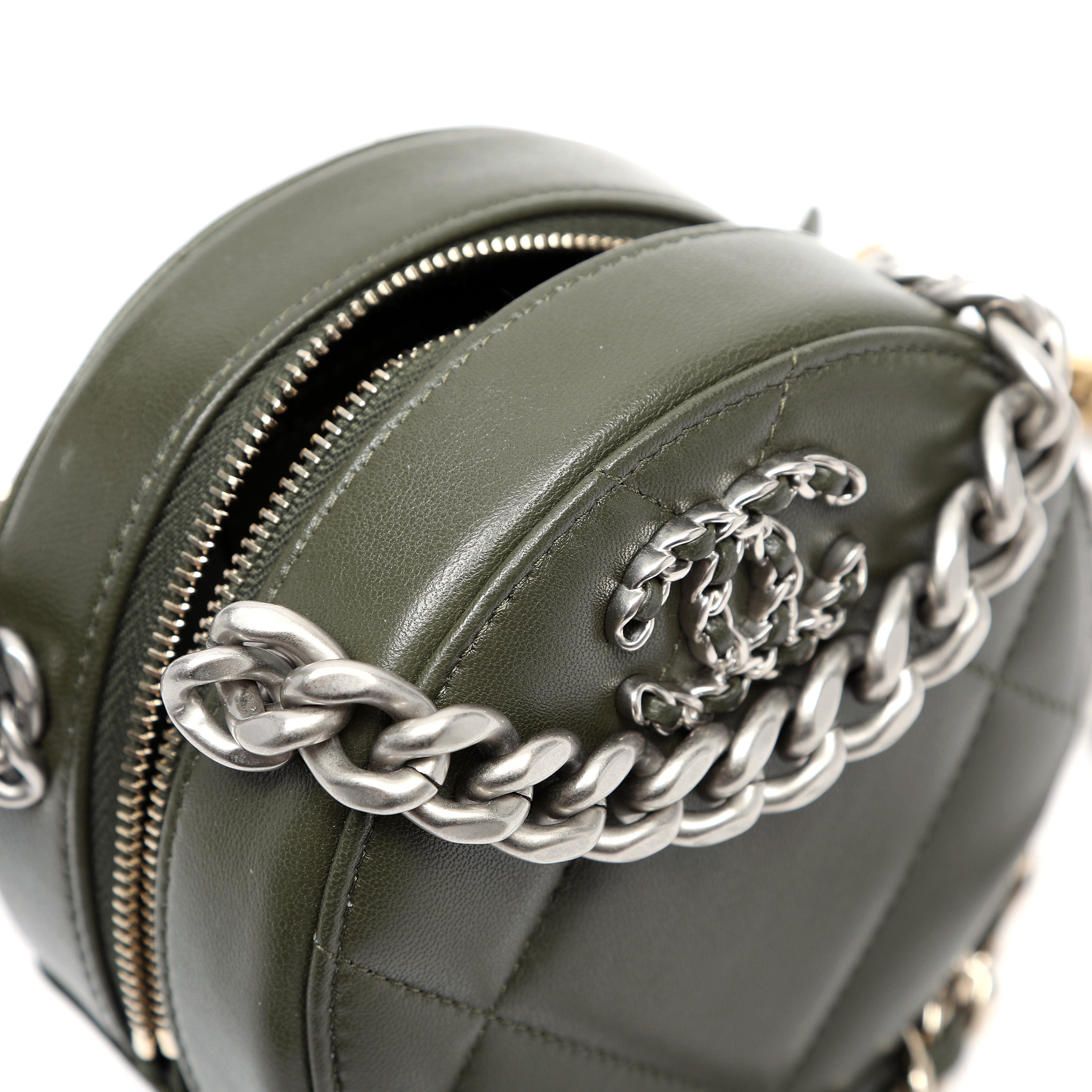 Chanel 19 Round Clutch Olive Green Quilted Lambskin Leather w/Gold and Silver Hardware