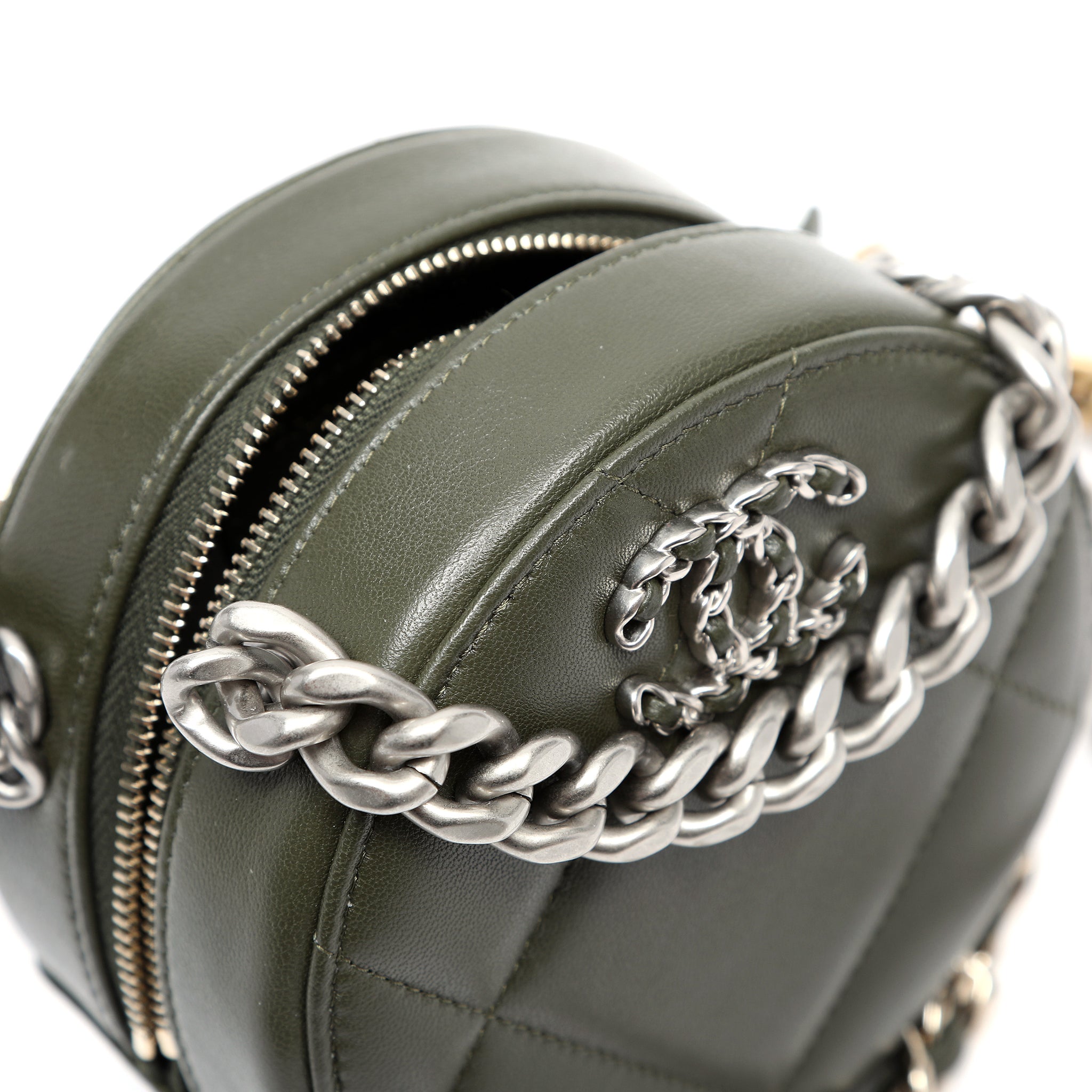 Chanel 19 Round Clutch Olive Green Quilted Lambskin Leather w/Gold and Silver Hardware