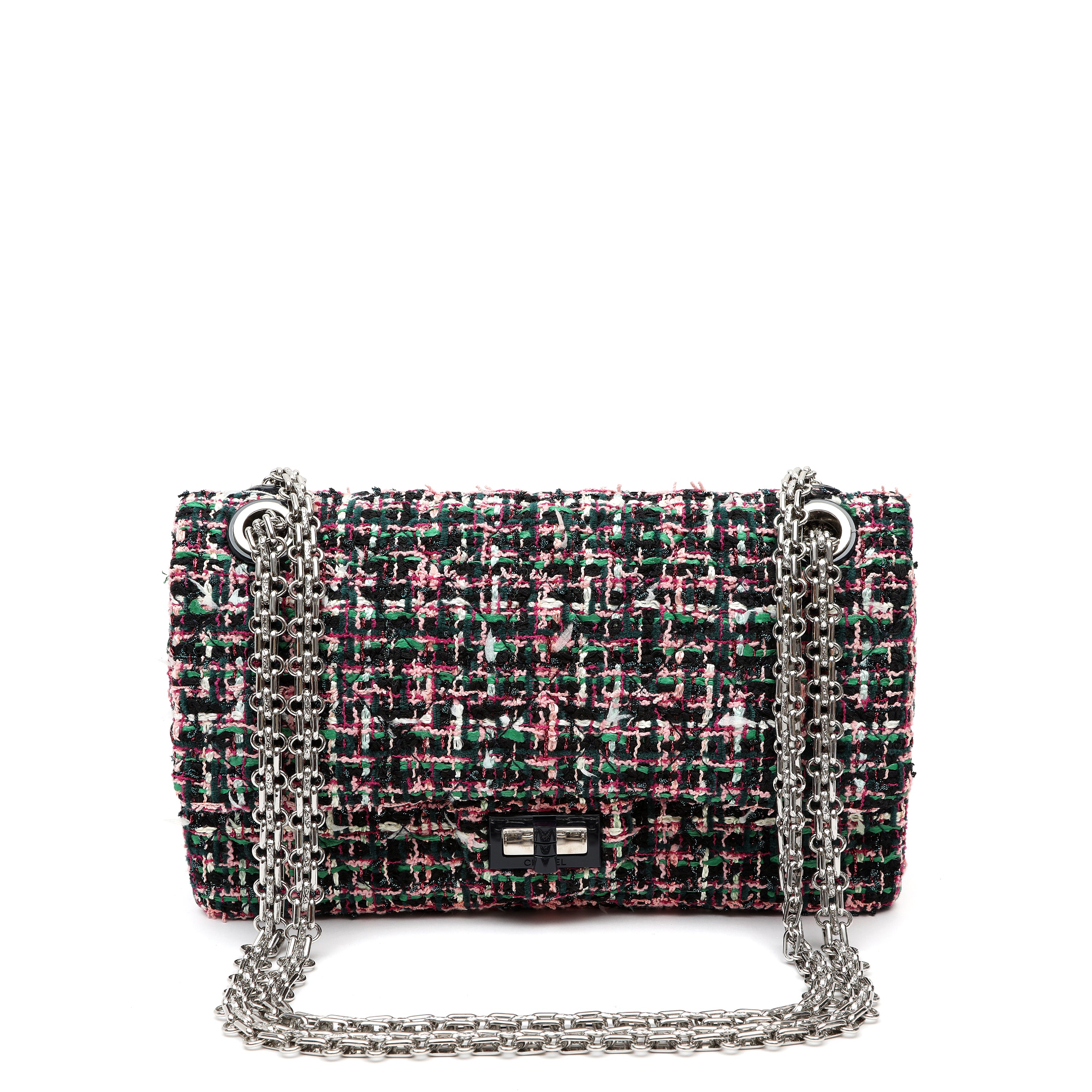 Chanel 2.55 Reissue 225 Flap Bag Pink Green Black Multicolor Tweed w SH