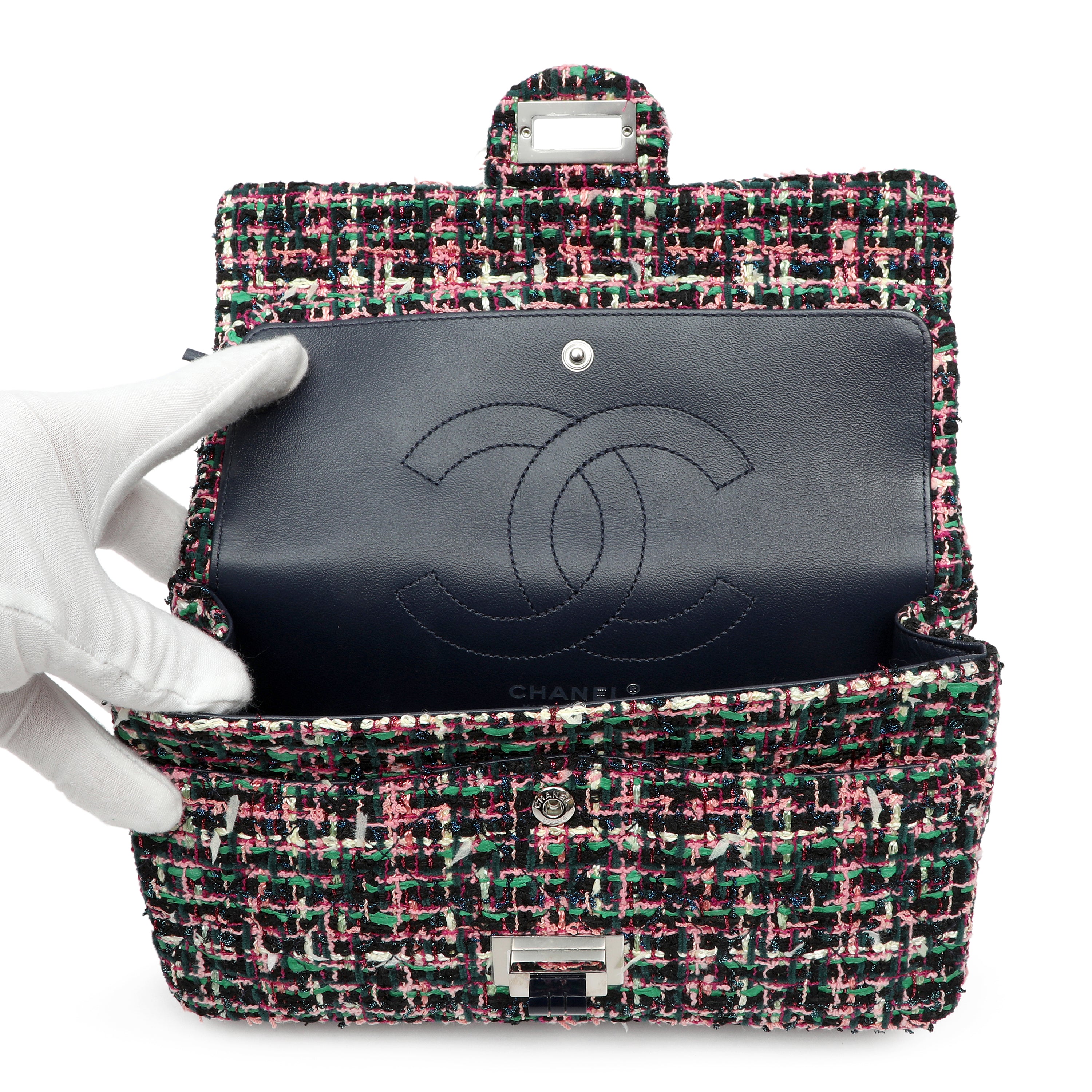 Chanel 2.55 Reissue 225 Flap Bag Pink Green Black Multicolor Tweed w SH