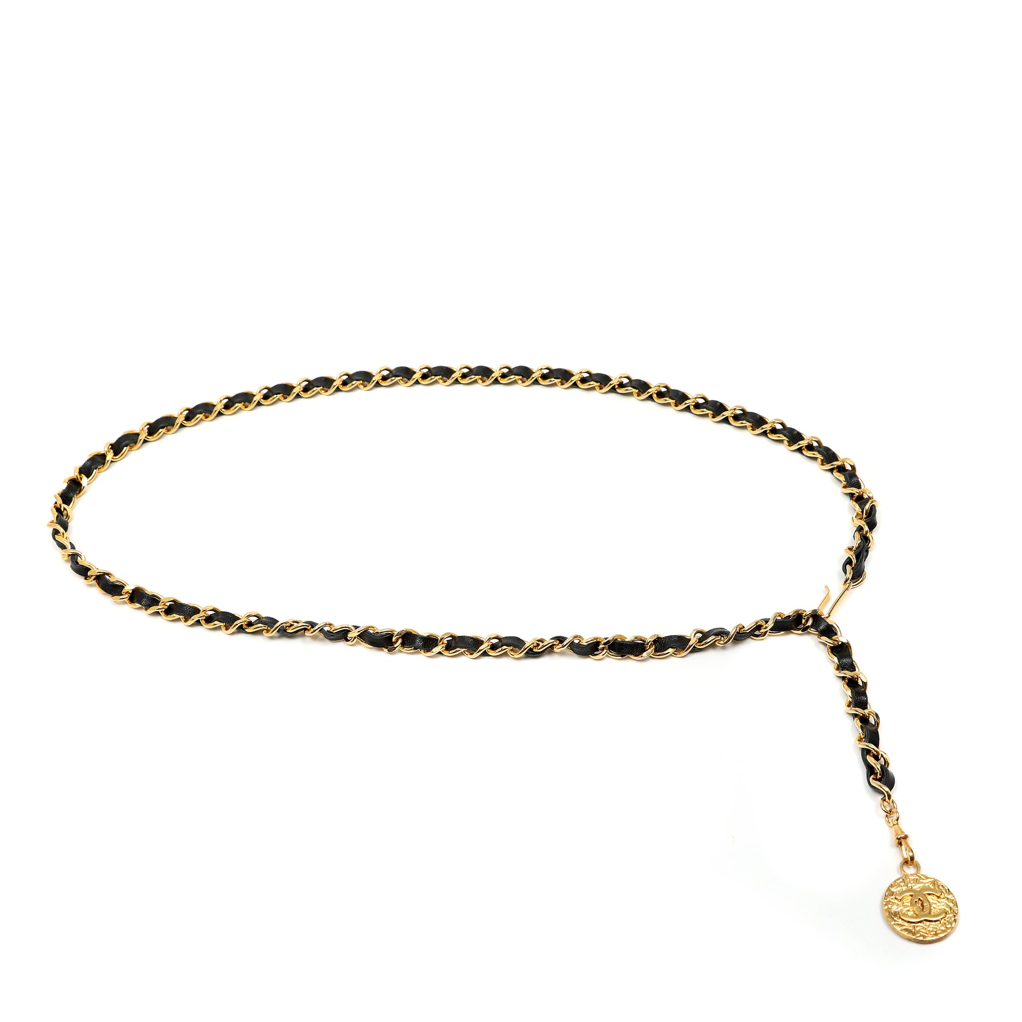 Chanel Black Leather Chain Belt w/Gold CC Medallion Pendant