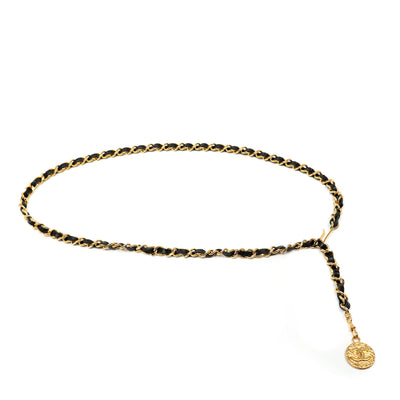 Chanel Black Leather Chain Belt w/Gold CC Medallion Pendant 