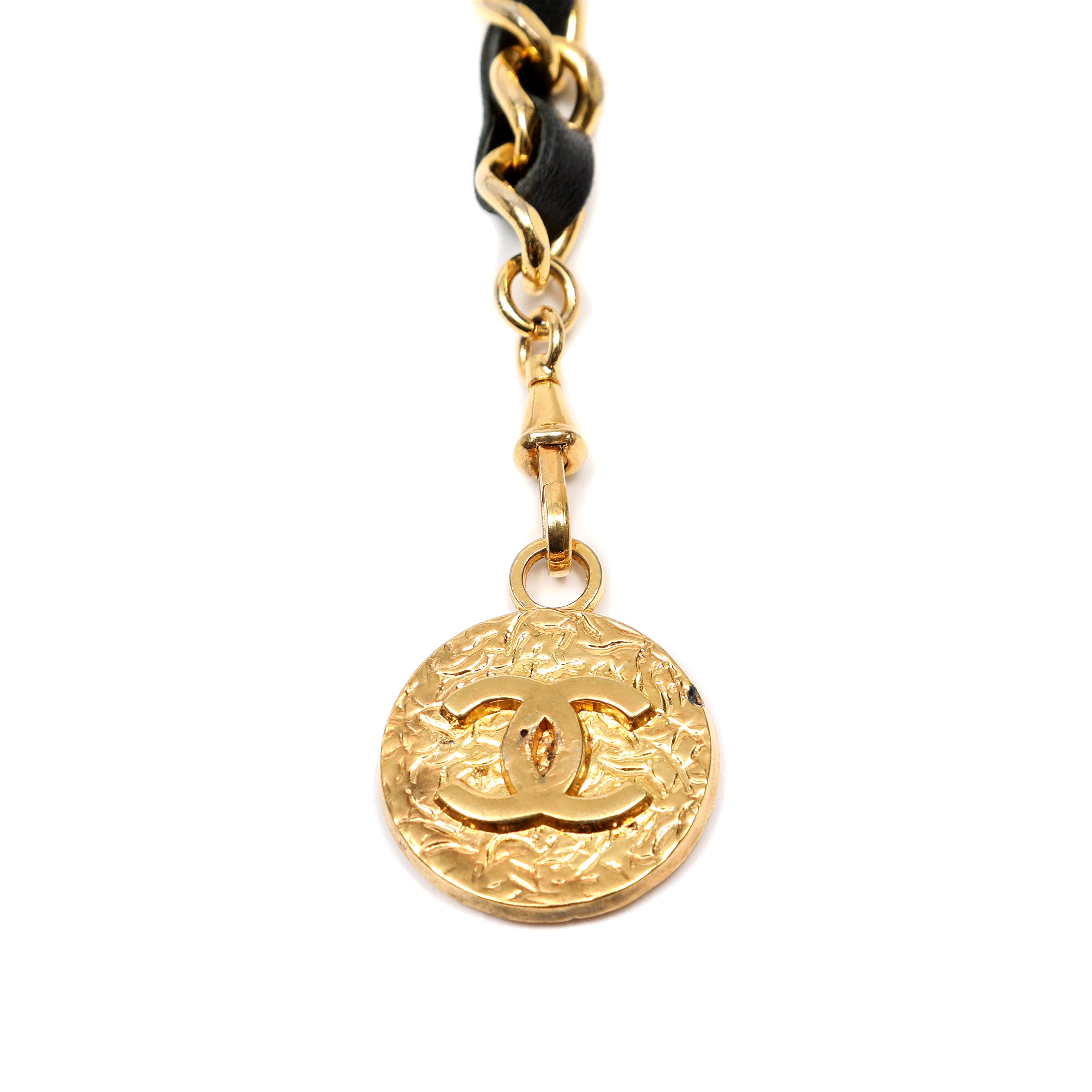 Chanel Black Leather Chain Belt w/Gold CC Medallion Pendant