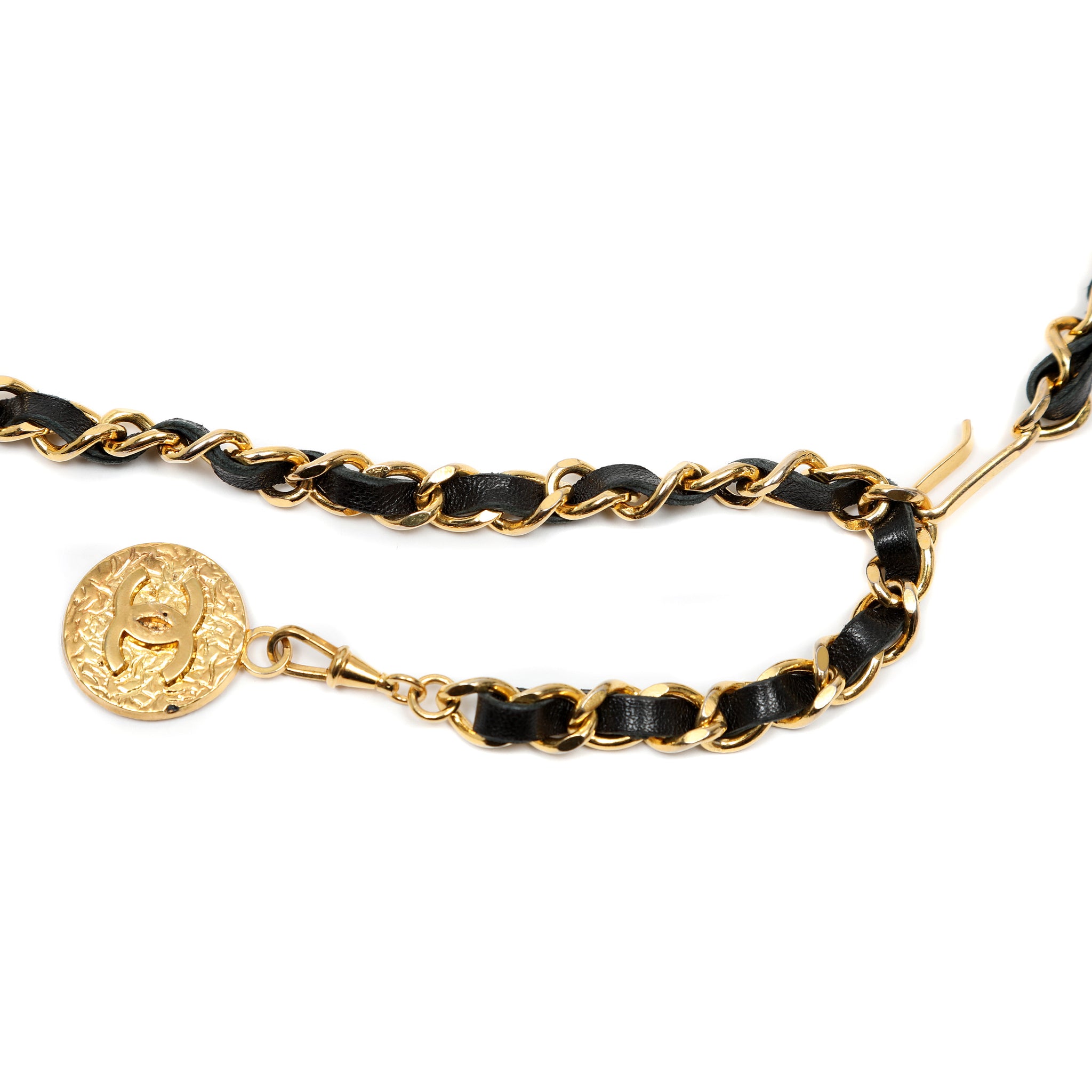 Chanel Black Leather Chain Belt w/Gold CC Medallion Pendant