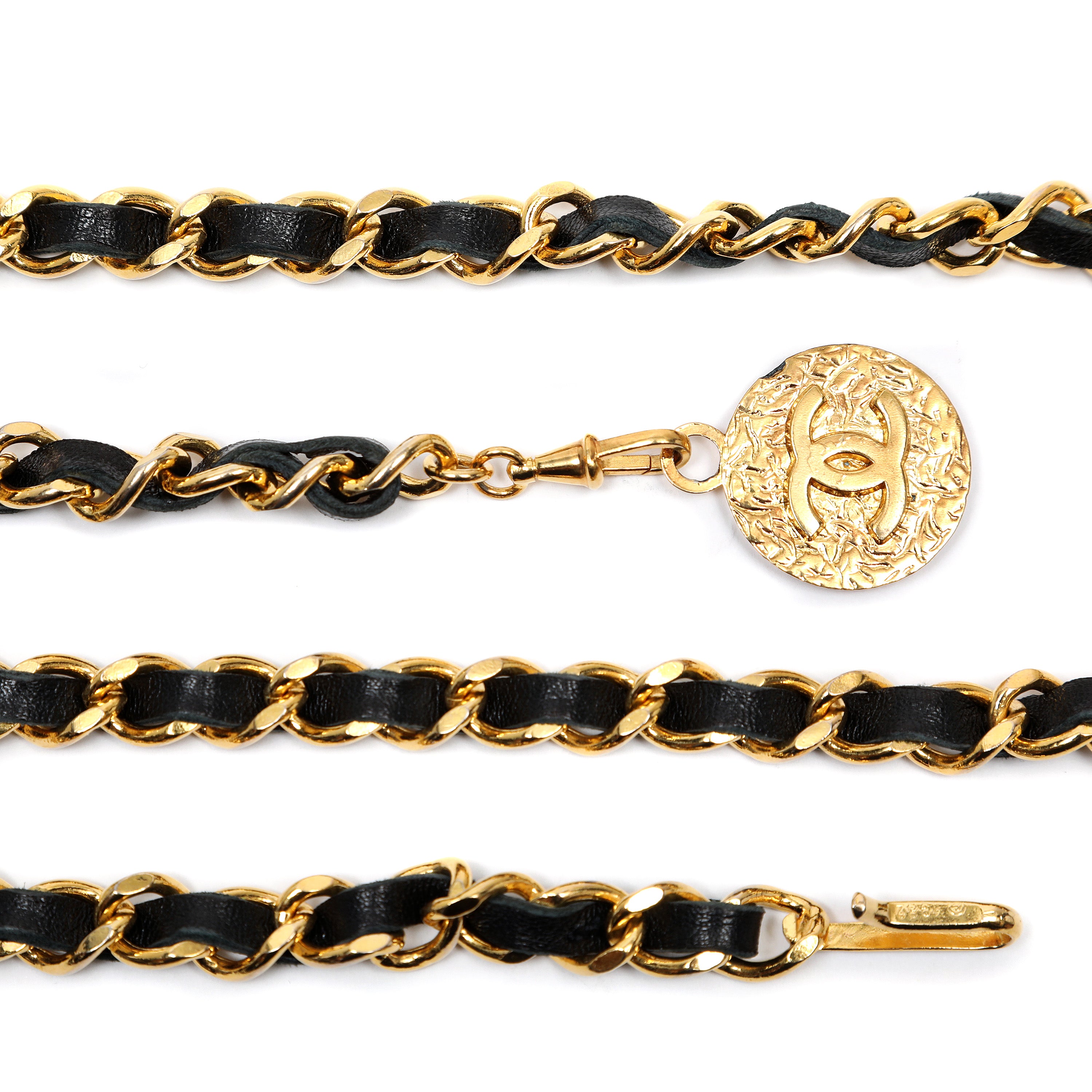 Chanel Black Leather Chain Belt w/Gold CC Medallion Pendant