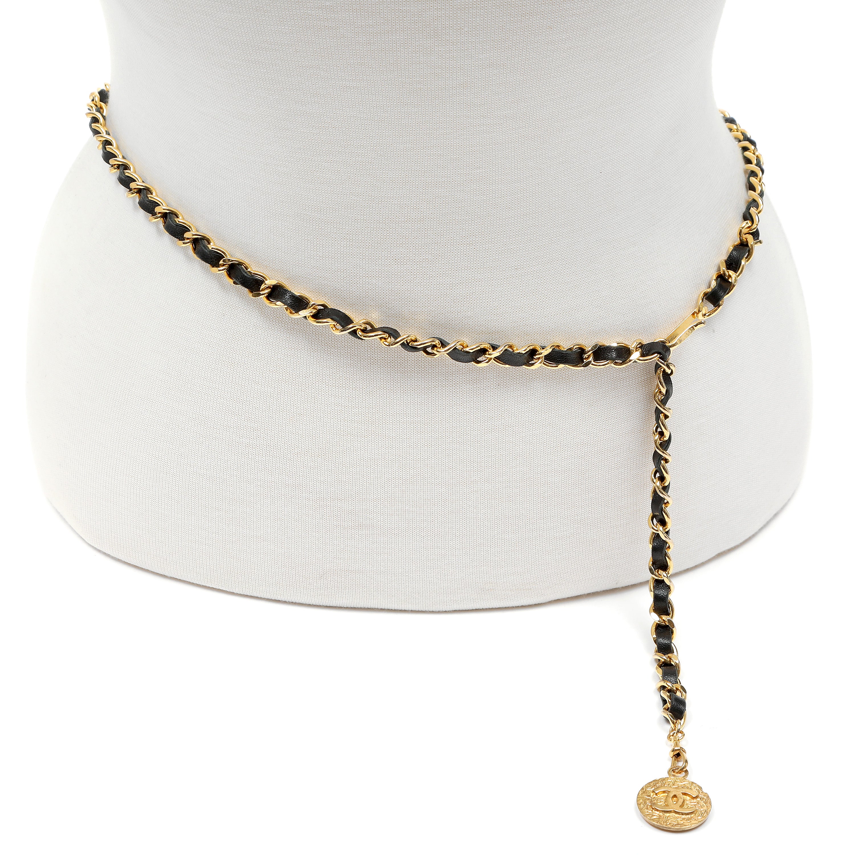 Chanel Black Leather Chain Belt w/Gold CC Medallion Pendant