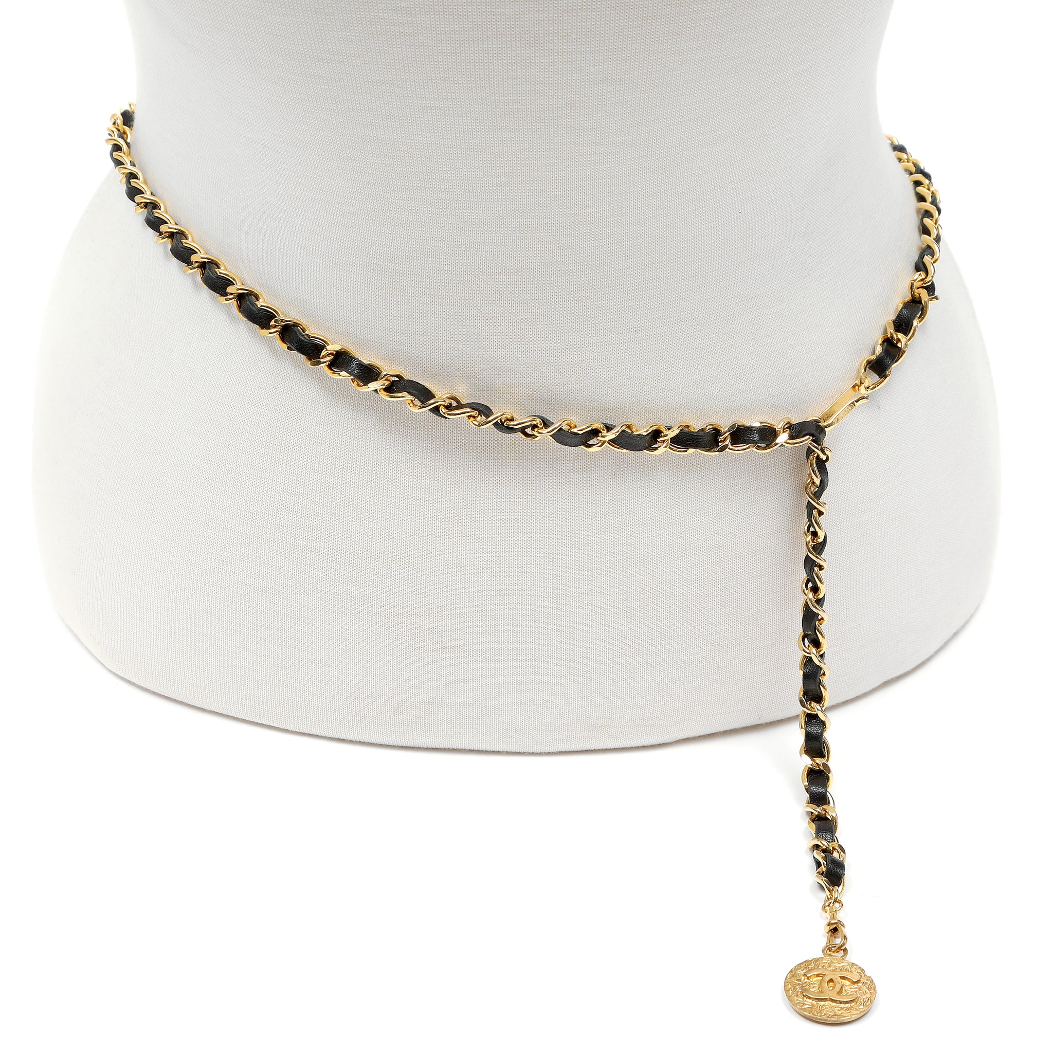 Chanel Black Leather Chain Belt w/Gold CC Medallion Pendant