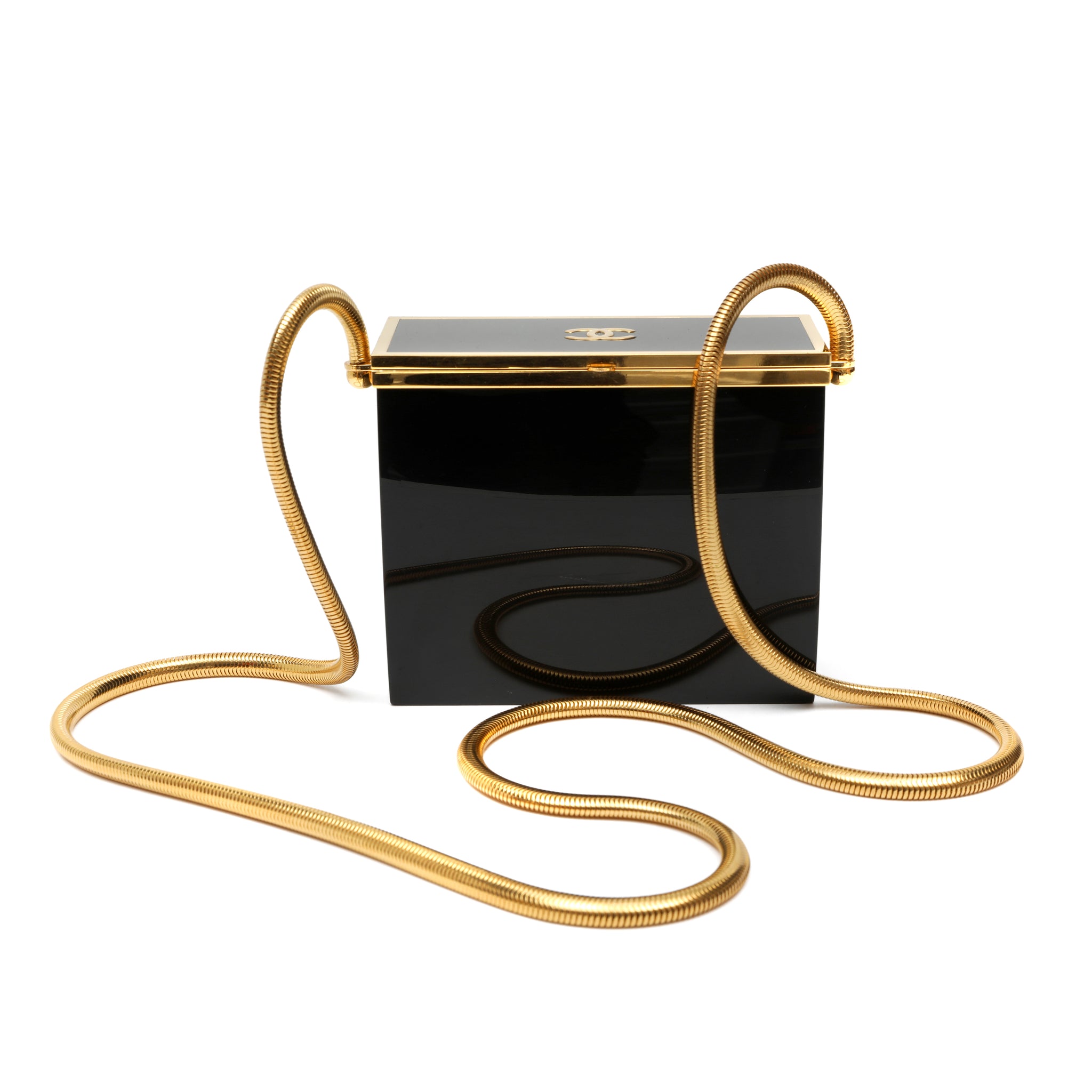 Chanel Black Lucite Mini Box Minaudière Bag Snake Chain Strap