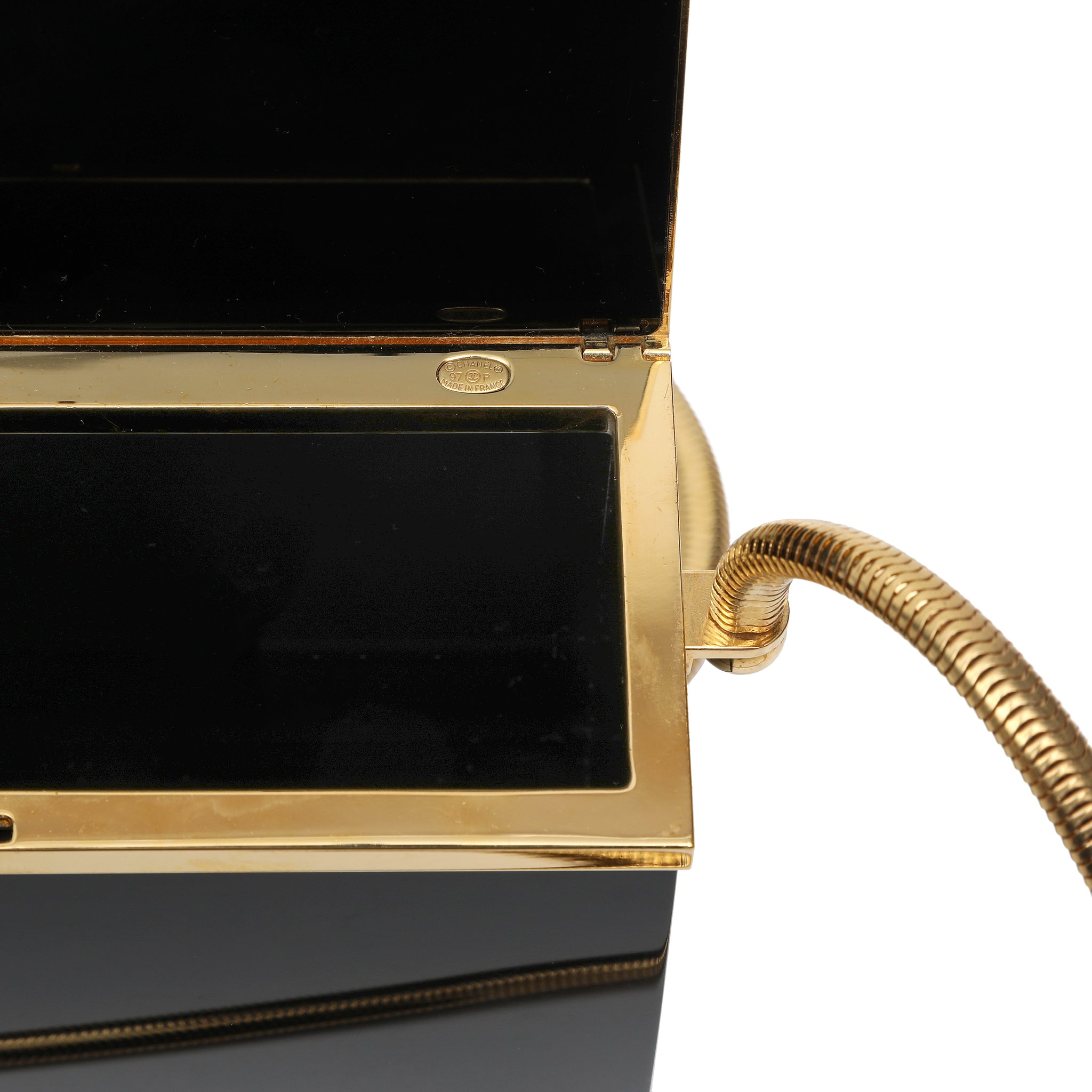 Chanel Black Lucite Mini Box Minaudière Bag Snake Chain Strap