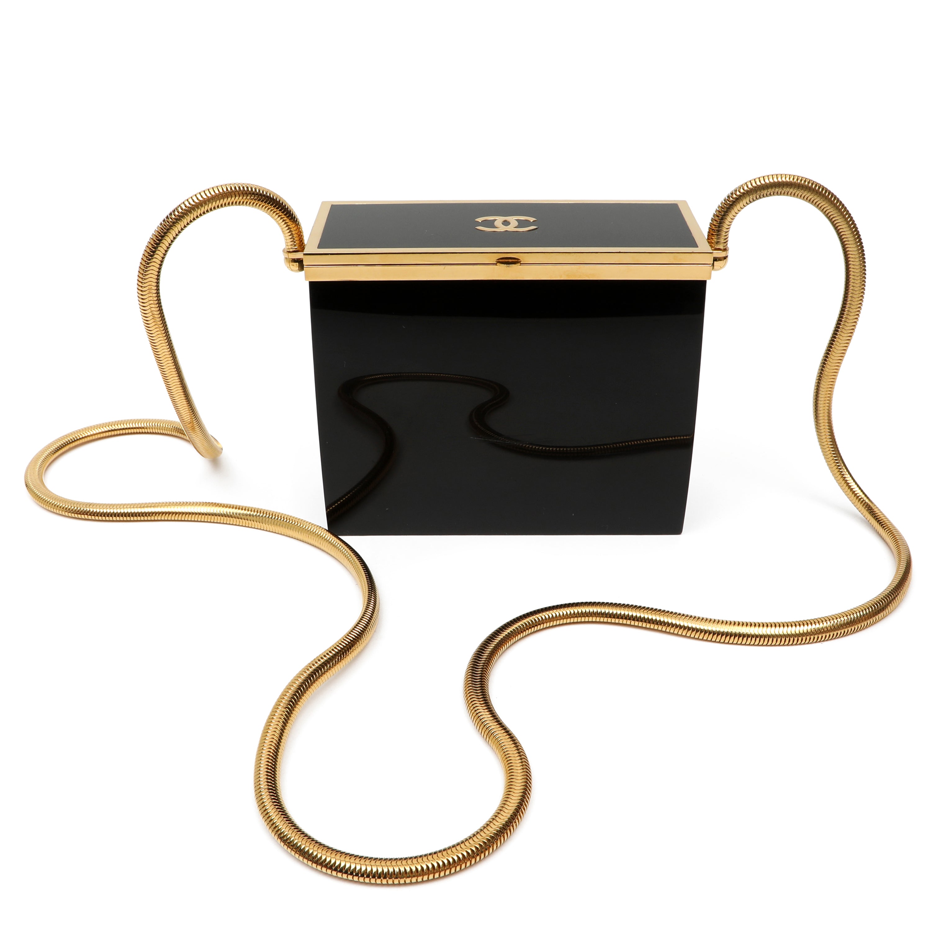 Chanel Black Lucite Mini Box Minaudière Bag Snake Chain Strap
