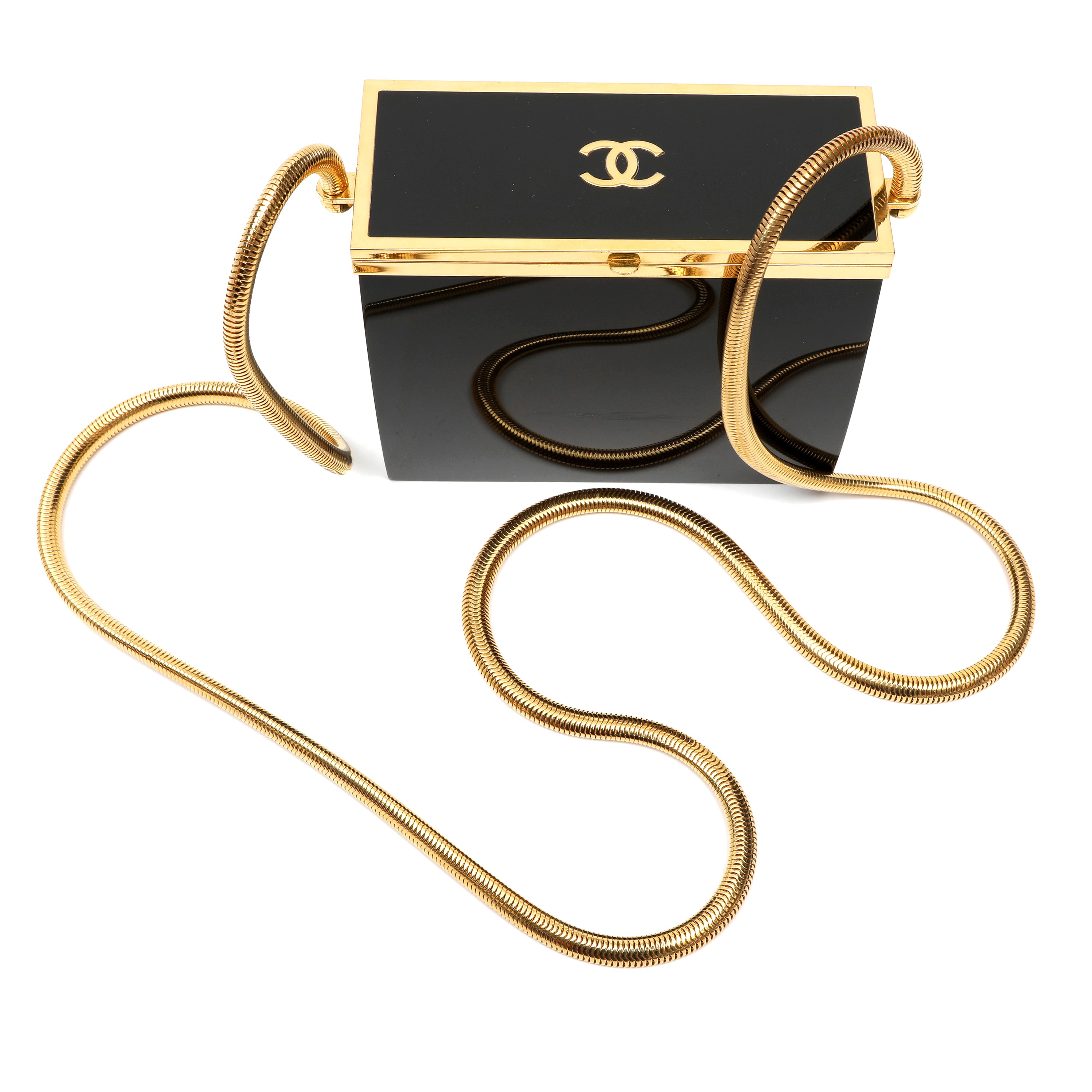 Chanel Black Lucite Mini Box Minaudière Bag Snake Chain Strap