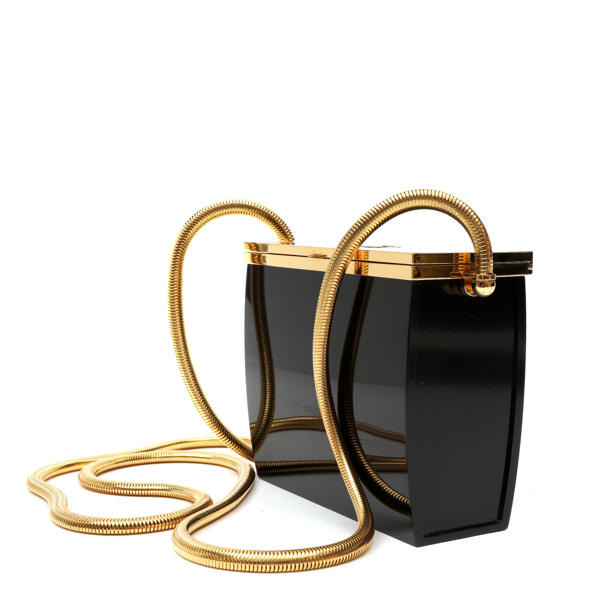 Chanel Black Lucite Mini Box Minaudière Bag Snake Chain Strap