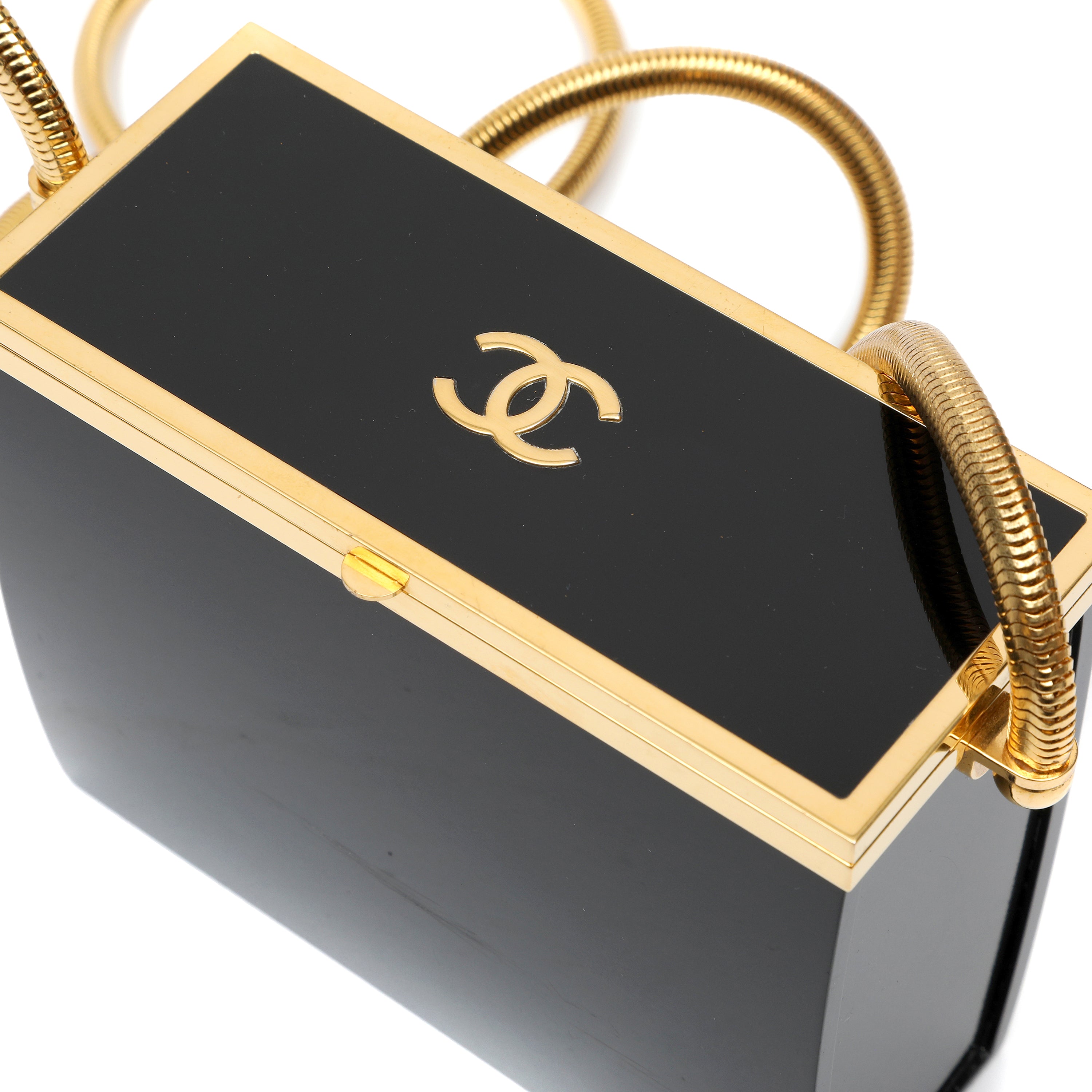 Chanel Black Lucite Mini Box Minaudière Bag Snake Chain Strap