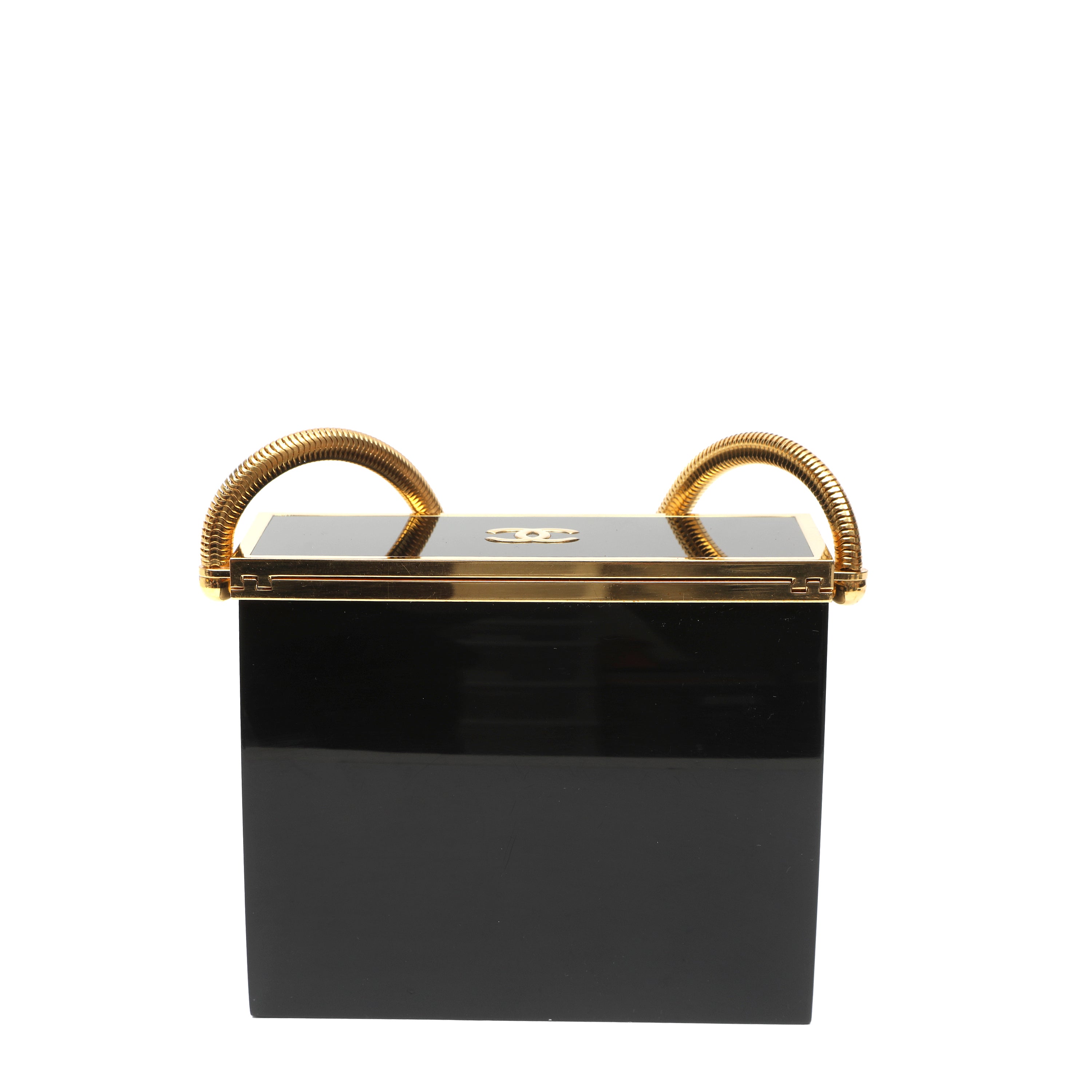 Chanel Black Lucite Mini Box Minaudière Bag Snake Chain Strap