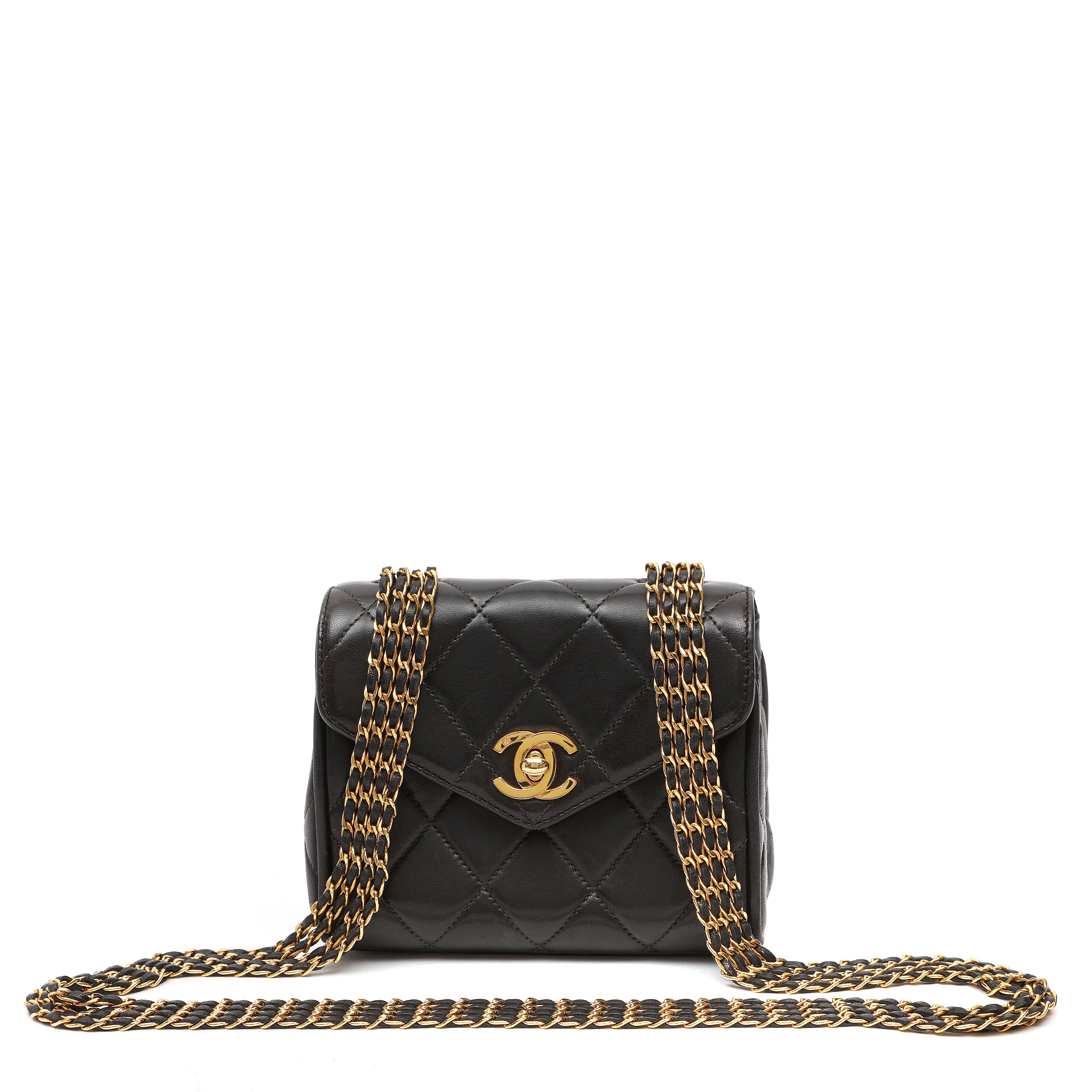 Chanel Black Quilted Lambskin Leather Round Flap Mini Crossbody Bag w GH