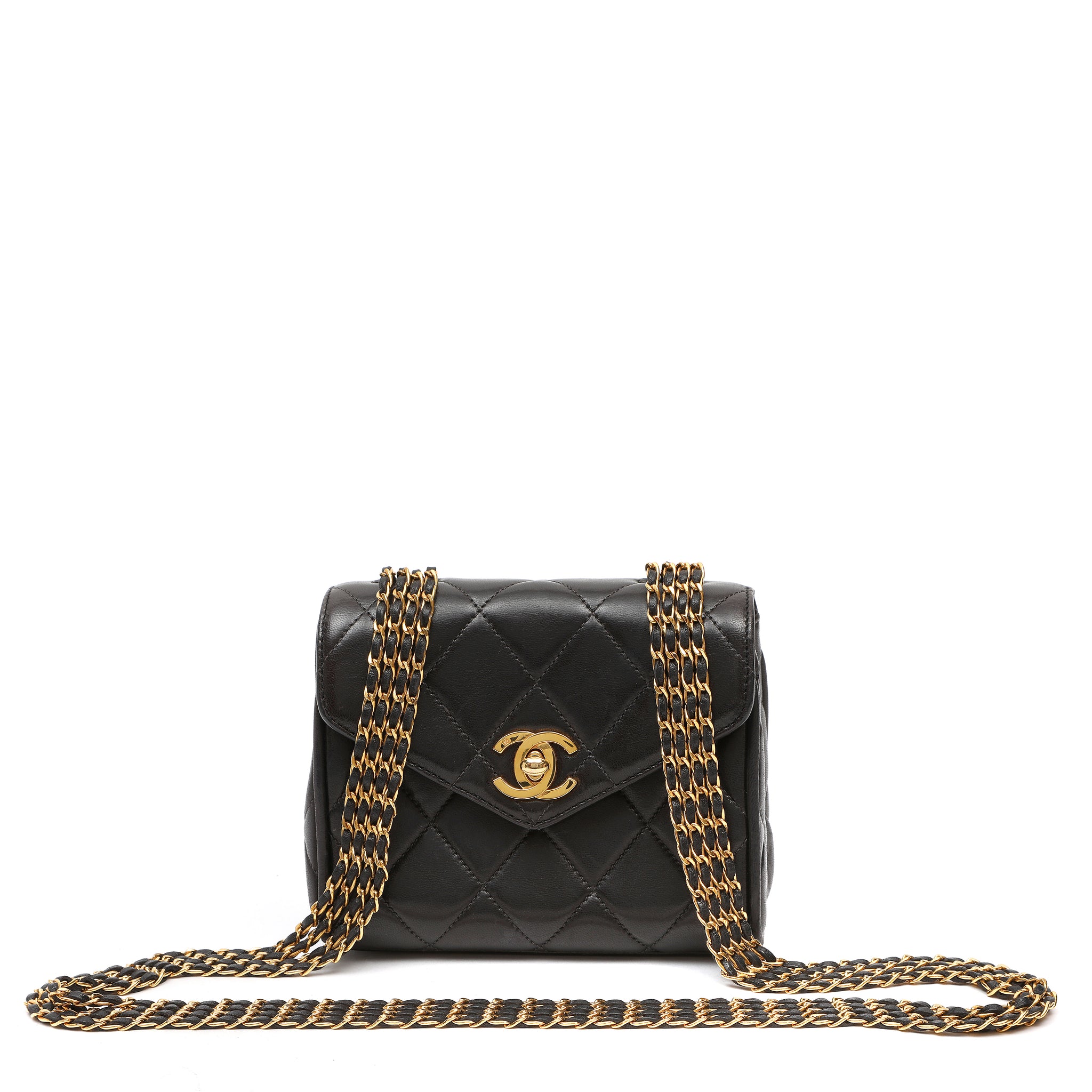 Chanel Black Quilted Lambskin Leather Round Flap Mini Crossbody Bag w GH