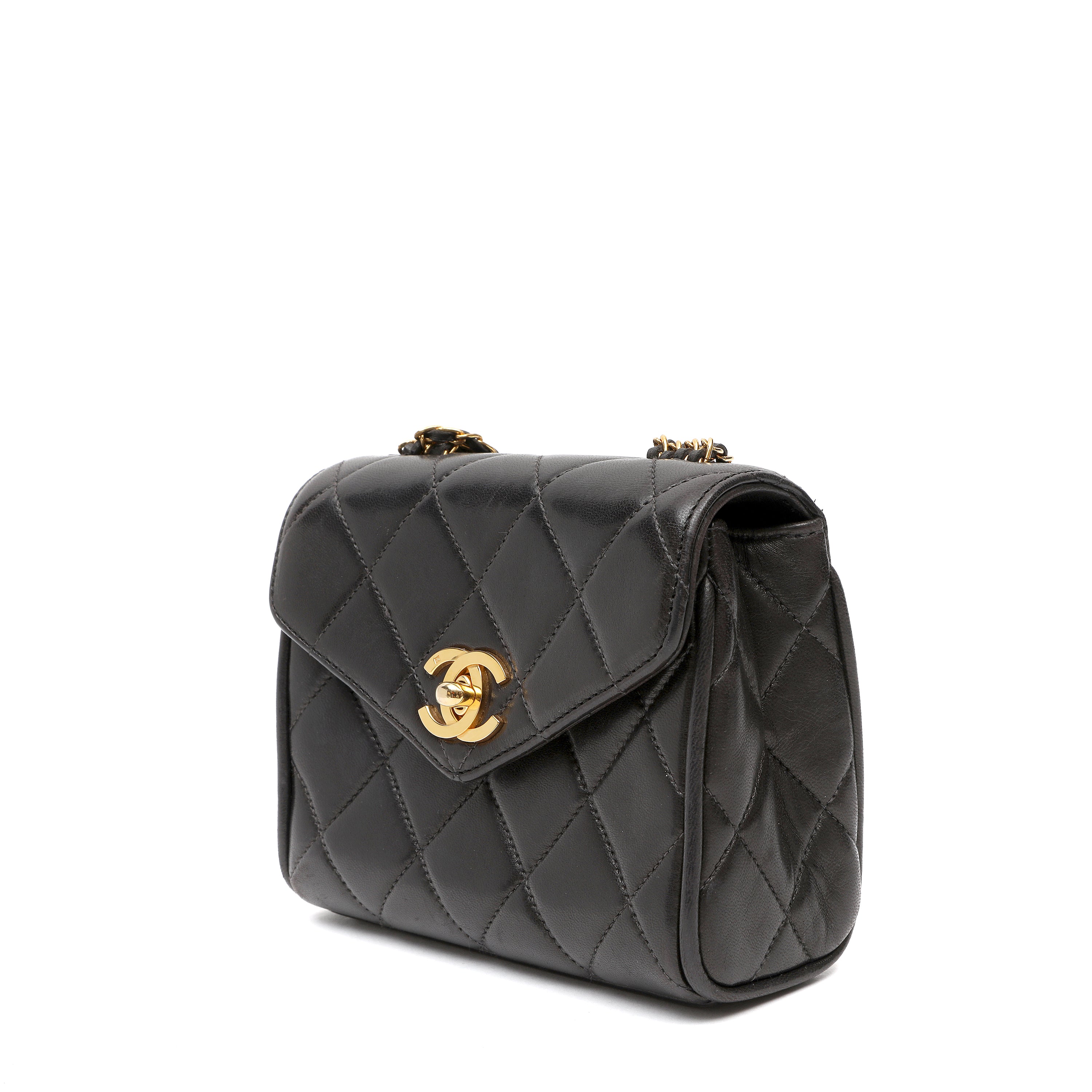 Chanel Black Quilted Lambskin Leather Round Flap Mini Crossbody Bag w GH