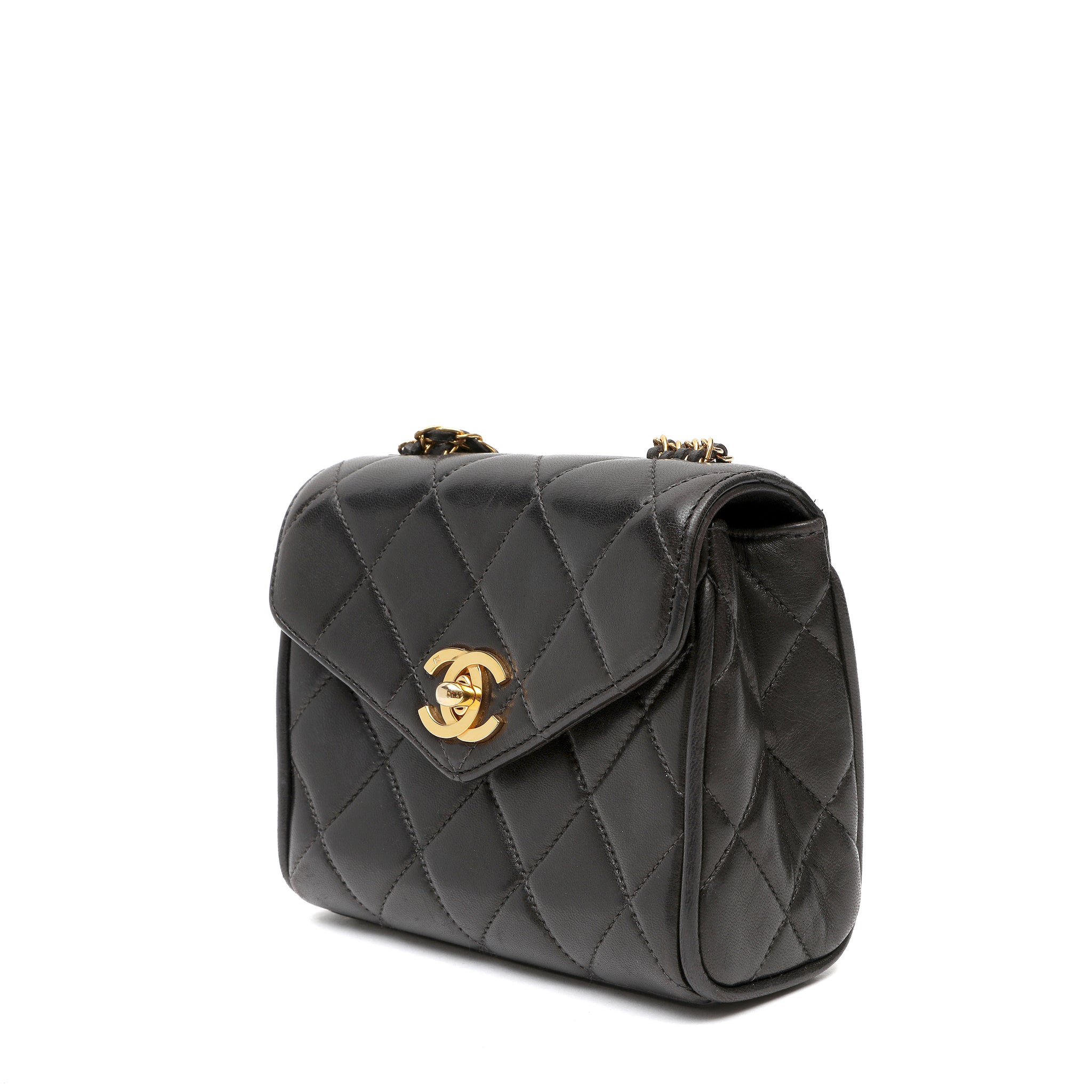 Chanel Black Quilted Lambskin Leather Round Flap Mini Crossbody Bag w GH