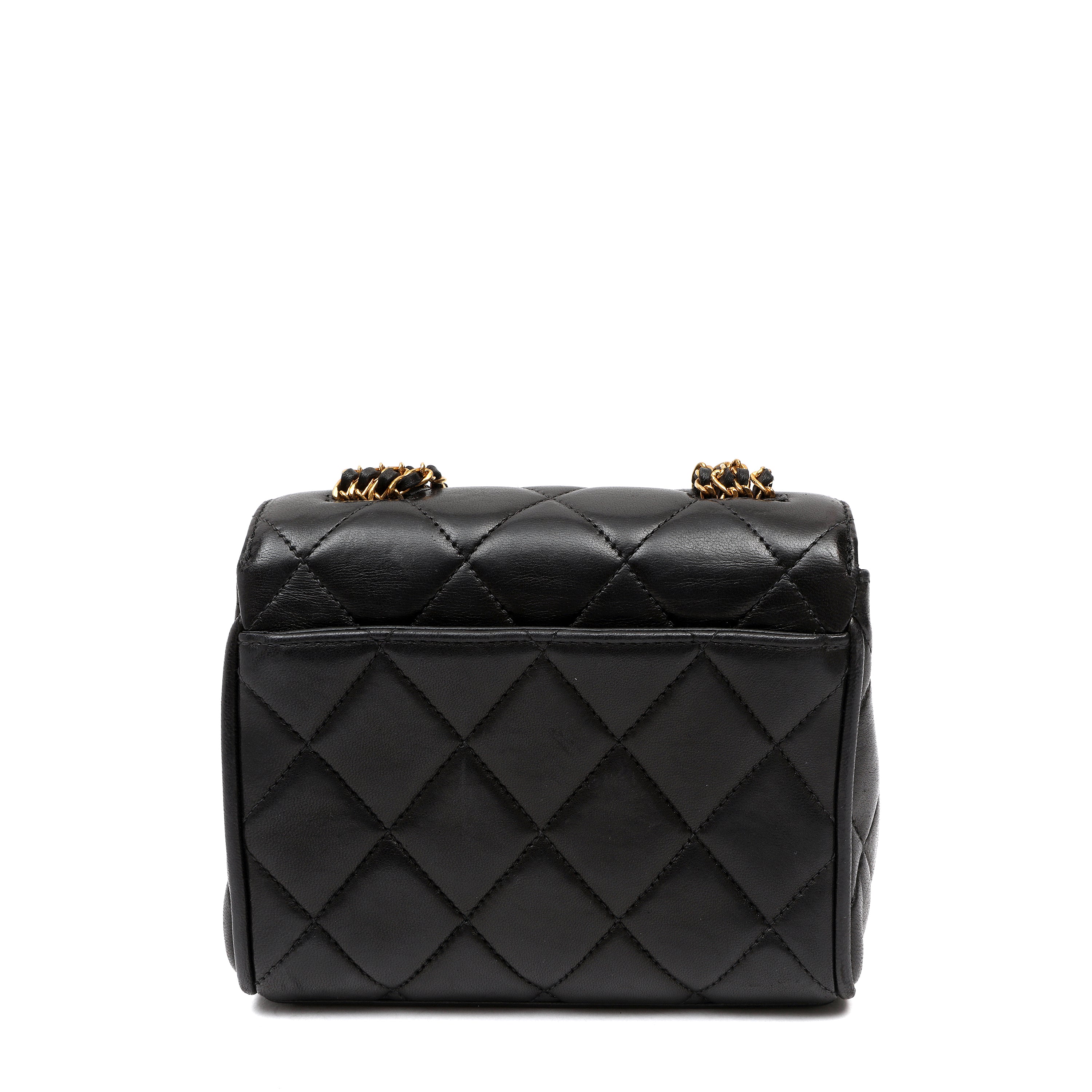 Chanel Black Quilted Lambskin Leather Round Flap Mini Crossbody Bag w GH