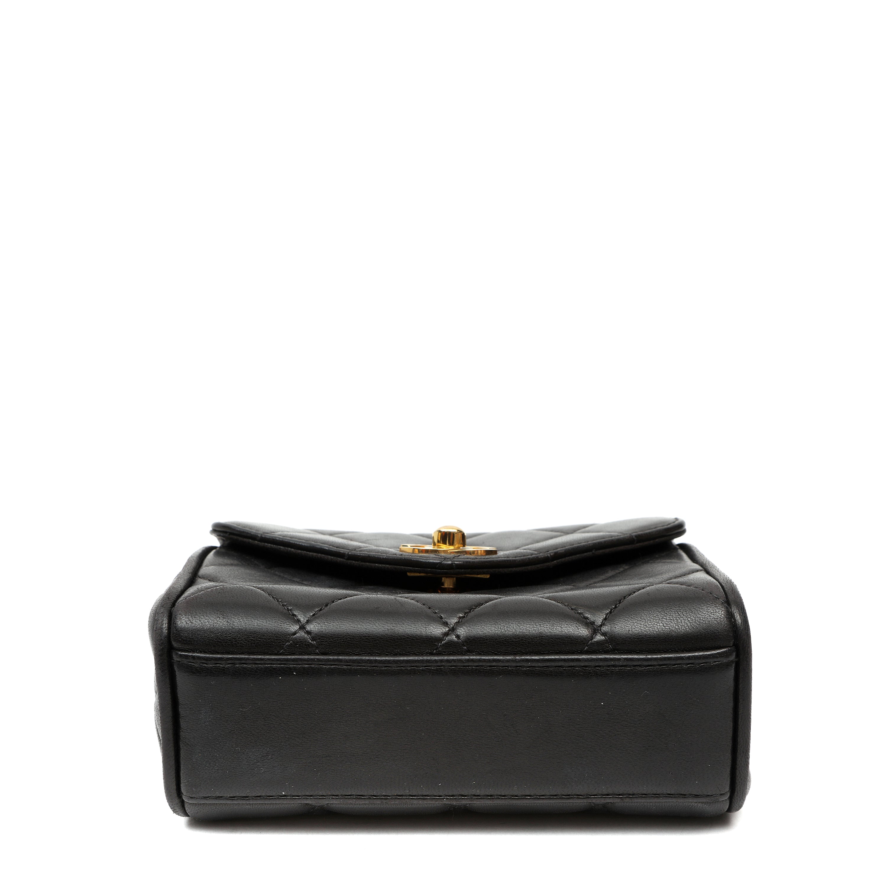 Chanel Black Quilted Lambskin Leather Round Flap Mini Crossbody Bag w GH