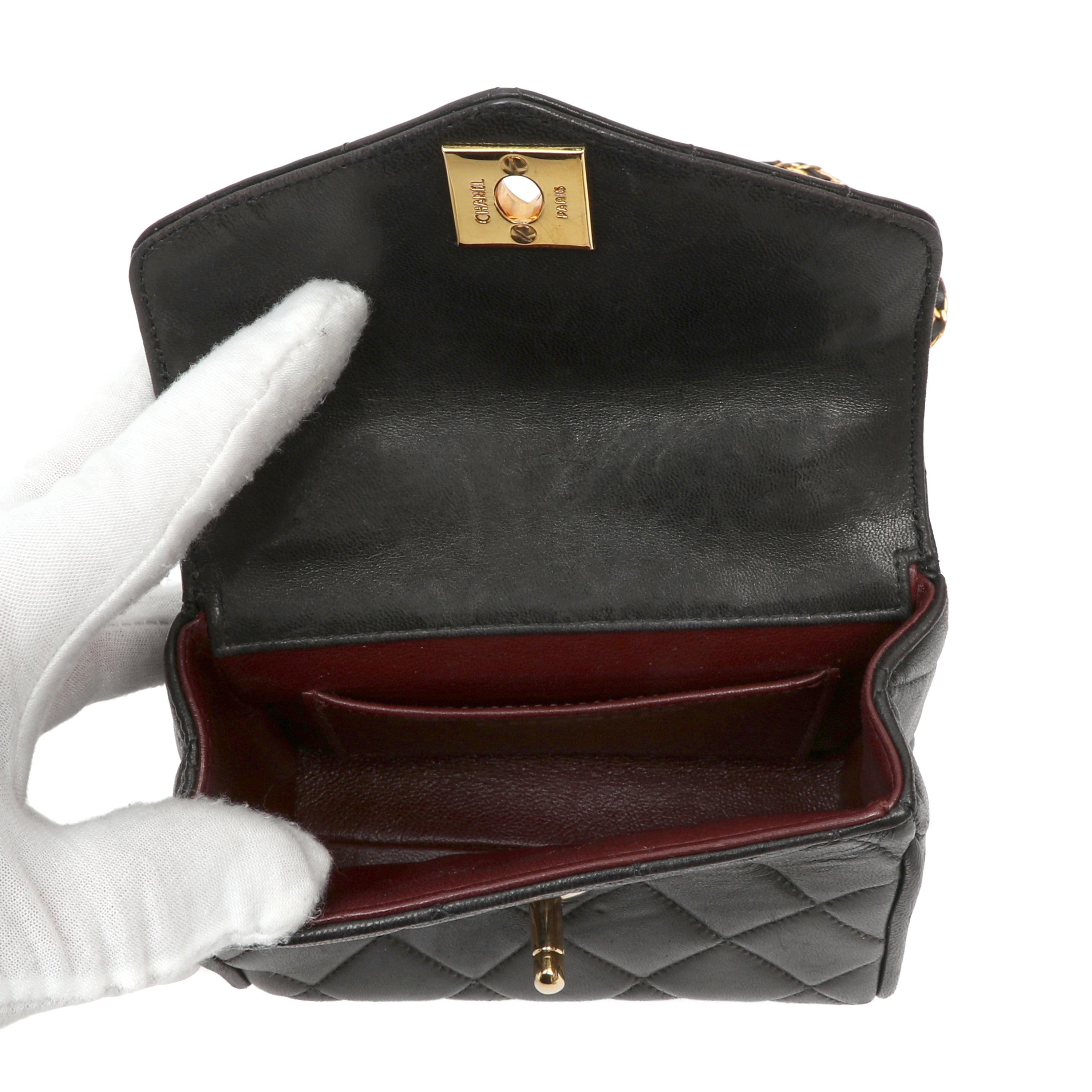 Chanel Black Quilted Lambskin Leather Round Flap Mini Crossbody Bag w GH