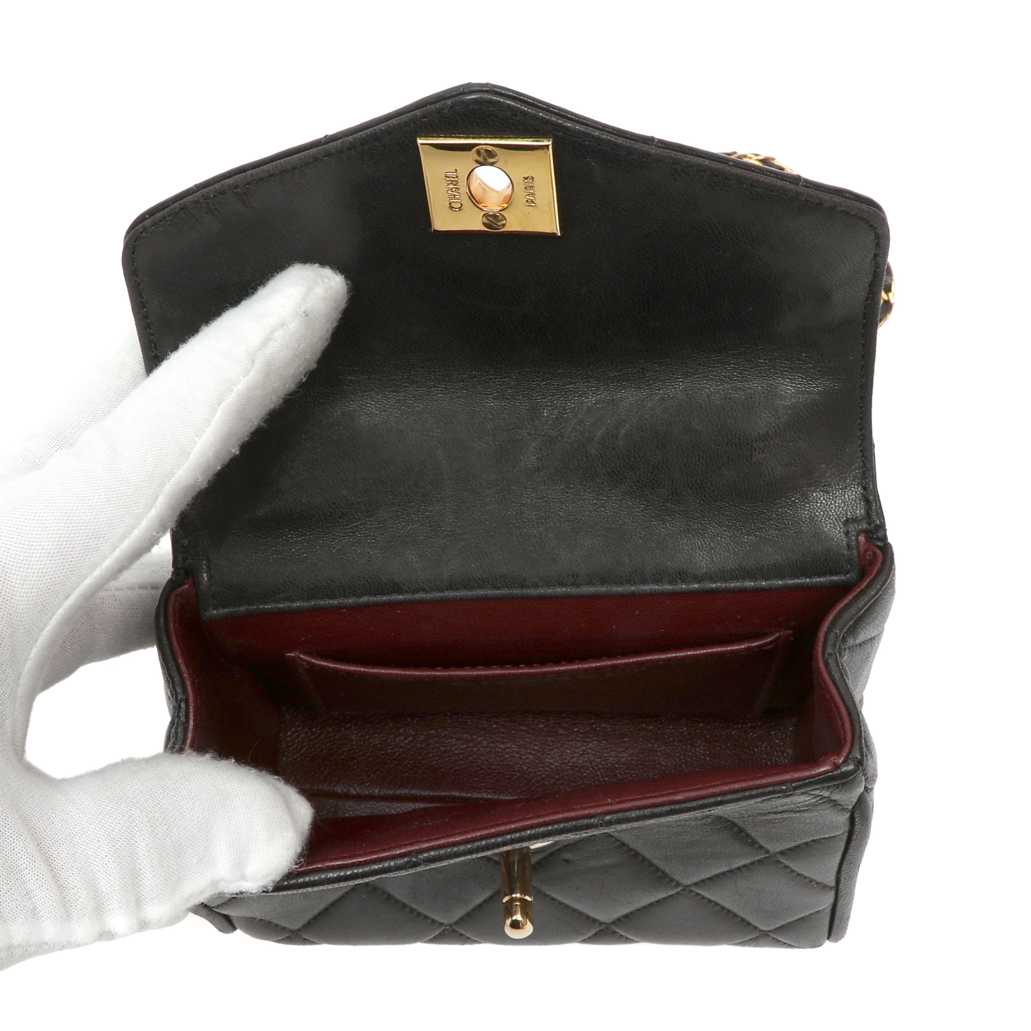 Chanel Black Quilted Lambskin Leather Round Flap Mini Crossbody Bag w GH