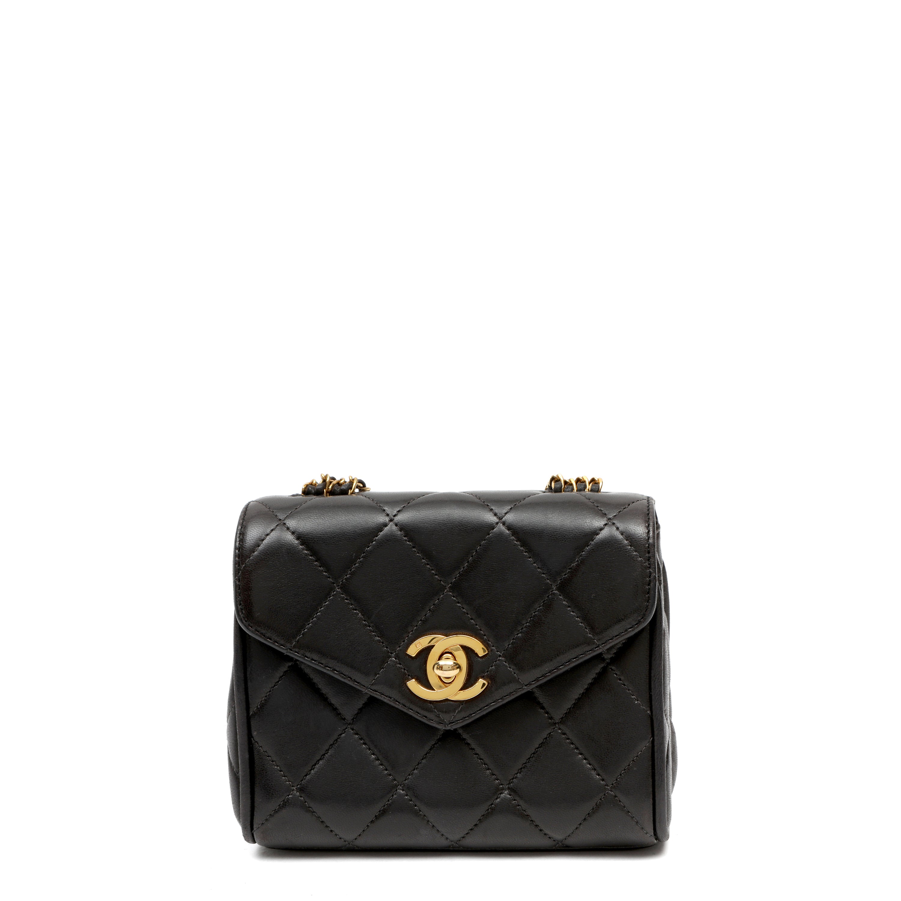 Chanel Black Quilted Lambskin Leather Round Flap Mini Crossbody Bag w GH