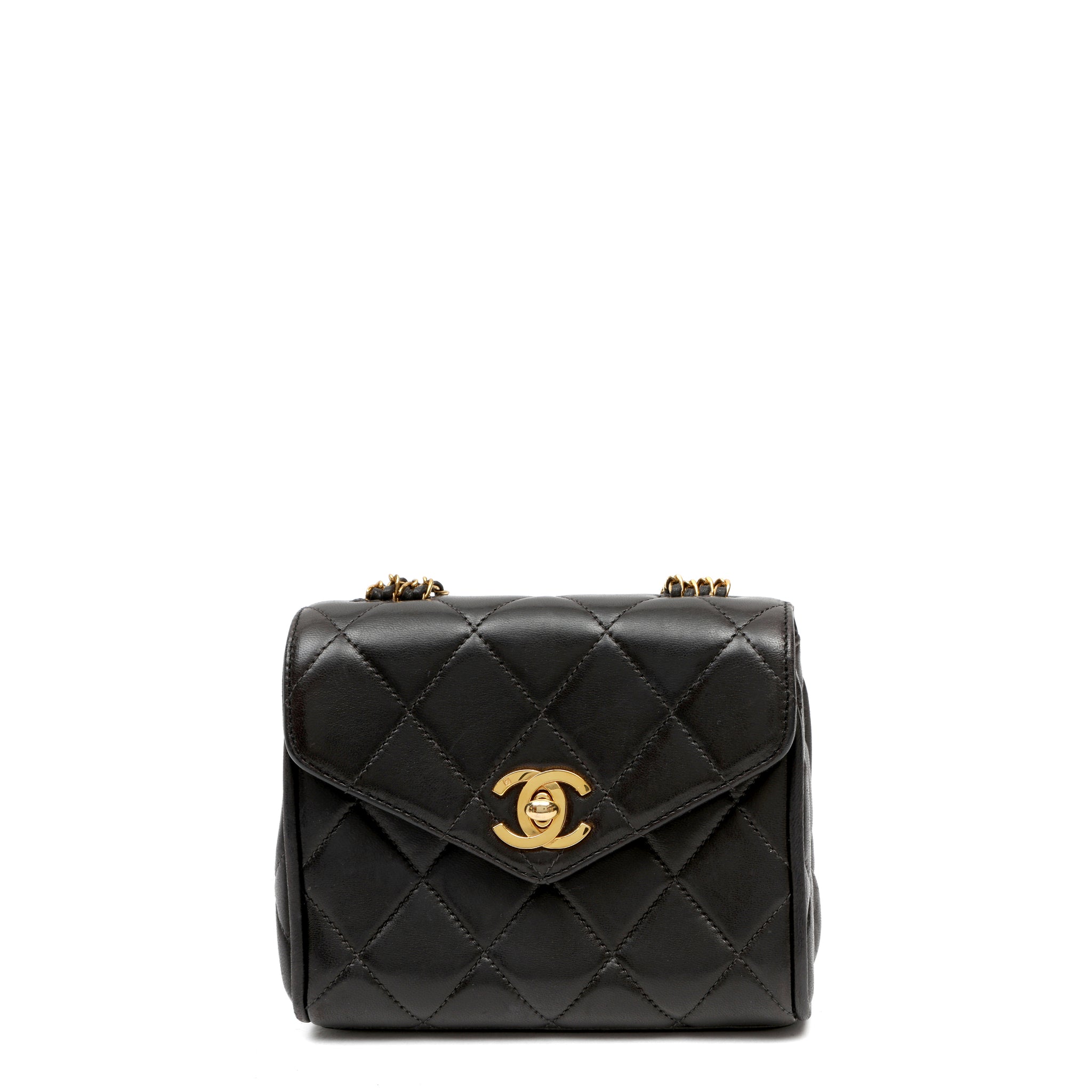 Chanel Black Quilted Lambskin Leather Round Flap Mini Crossbody Bag w GH