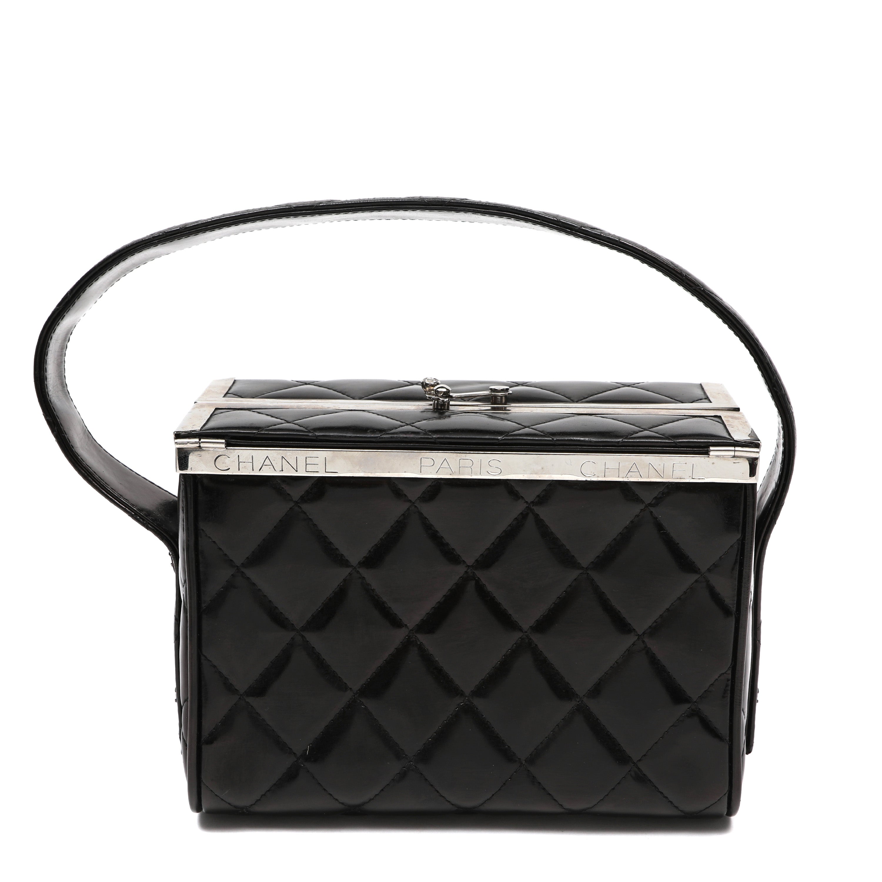Chanel Metal Frame Vanity Box Black Quilted Patent Leather