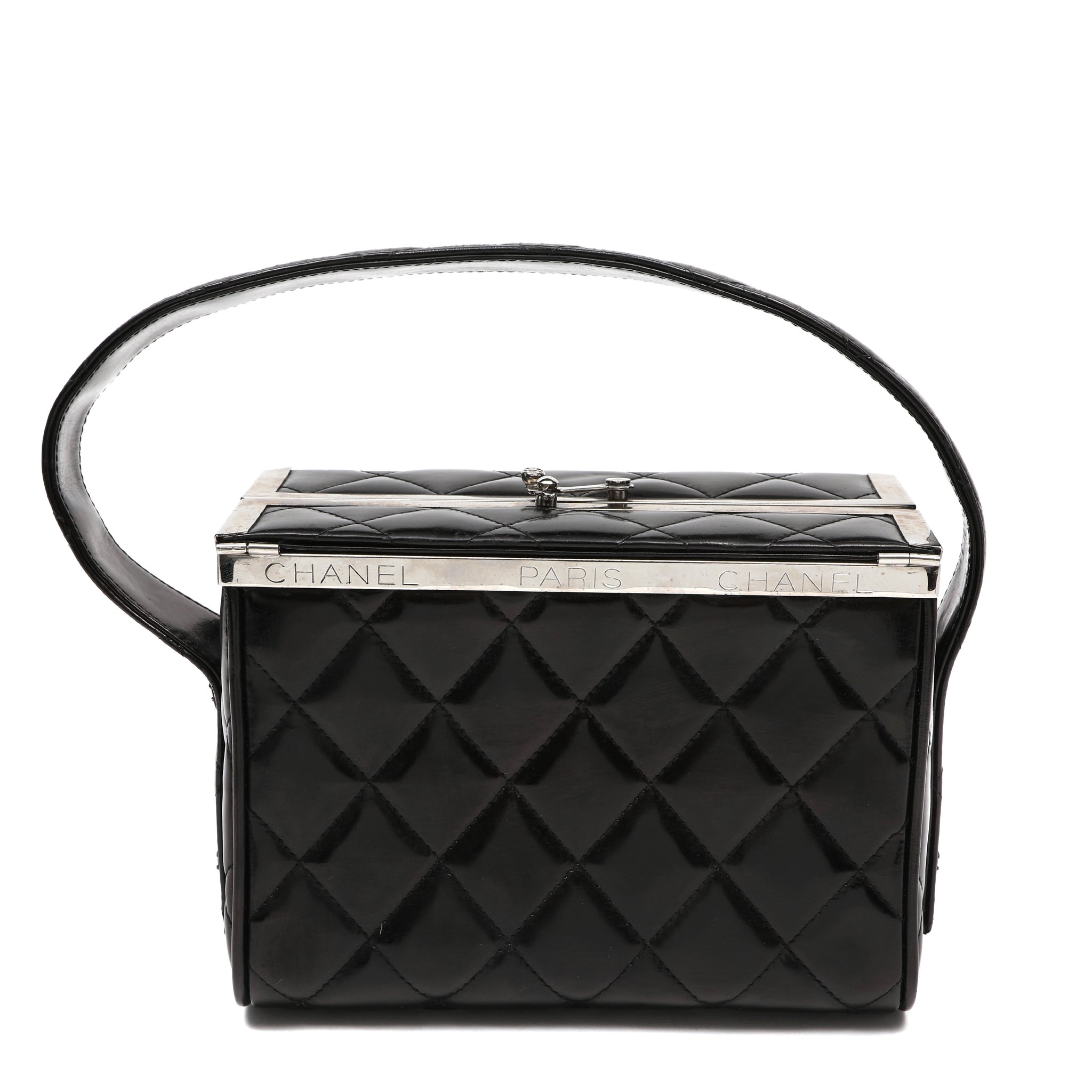 Chanel Metal Frame Vanity Box Black Quilted Patent Leather