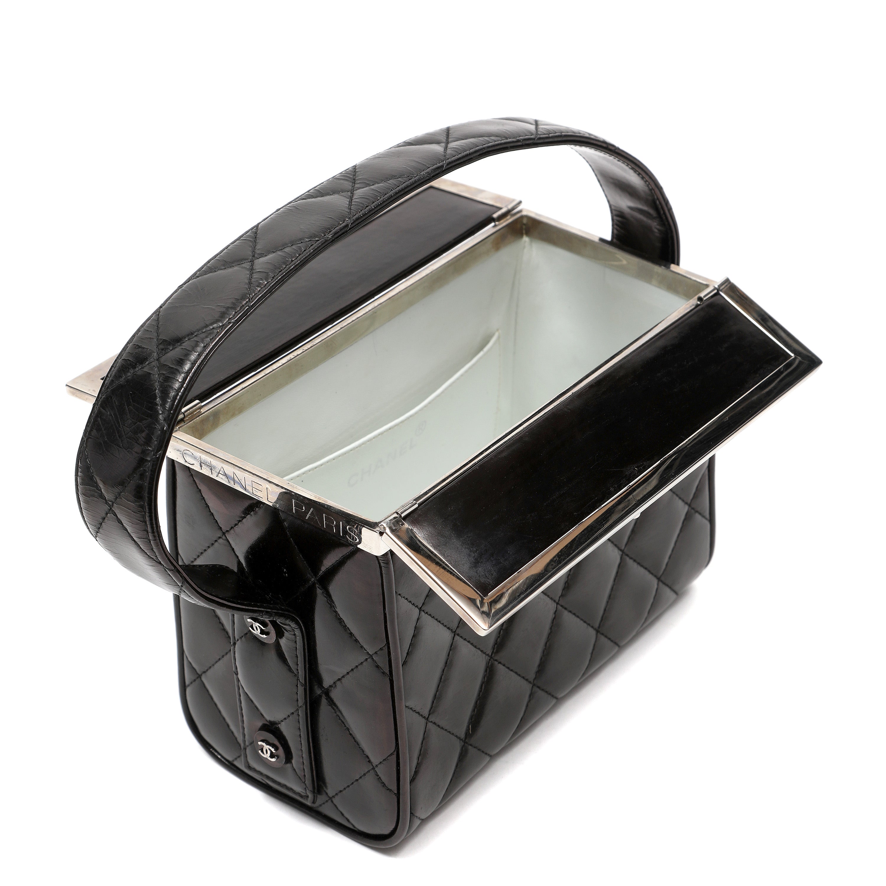 Chanel Metal Frame Vanity Box Black Quilted Patent Leather