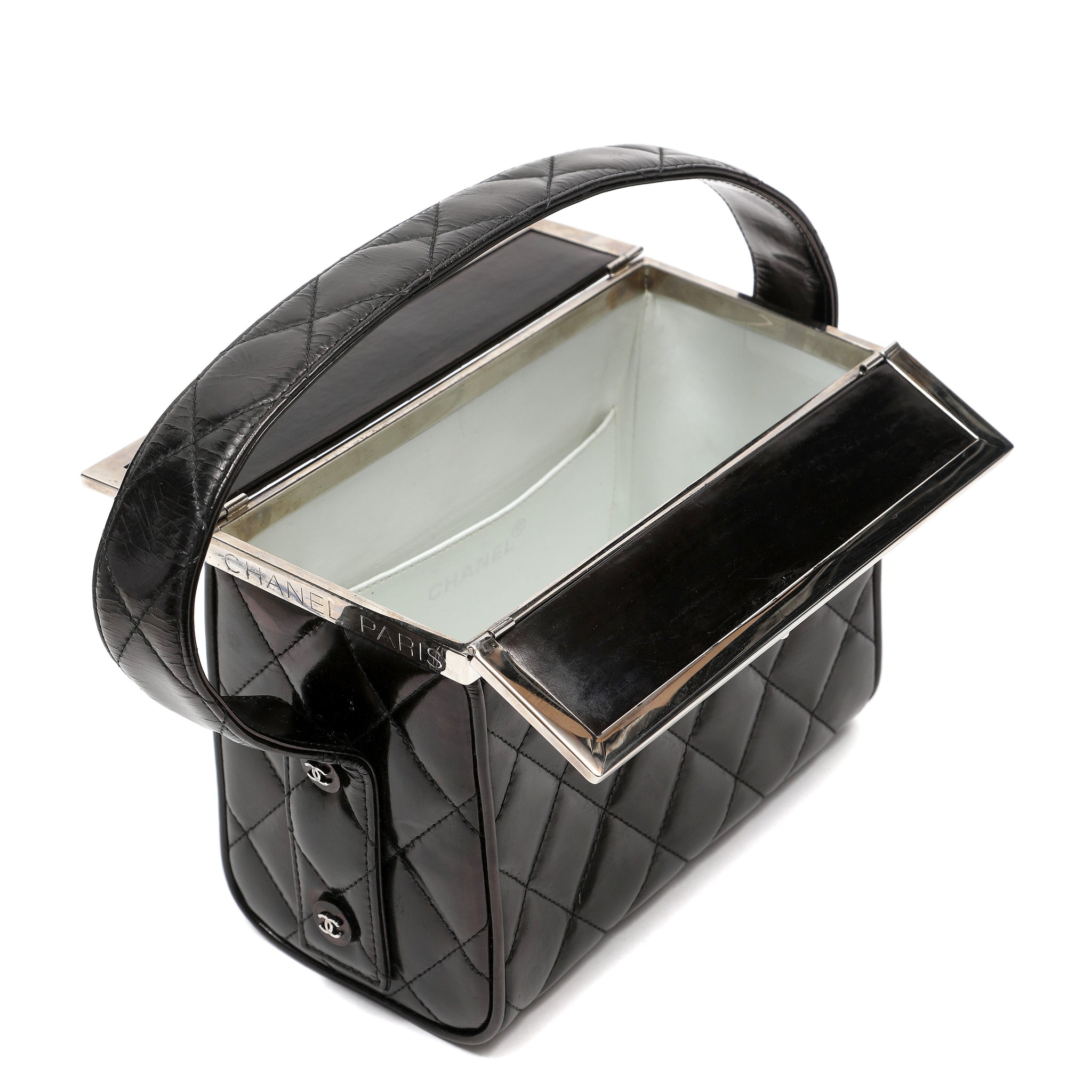 Chanel Metal Frame Vanity Box Black Quilted Patent Leather